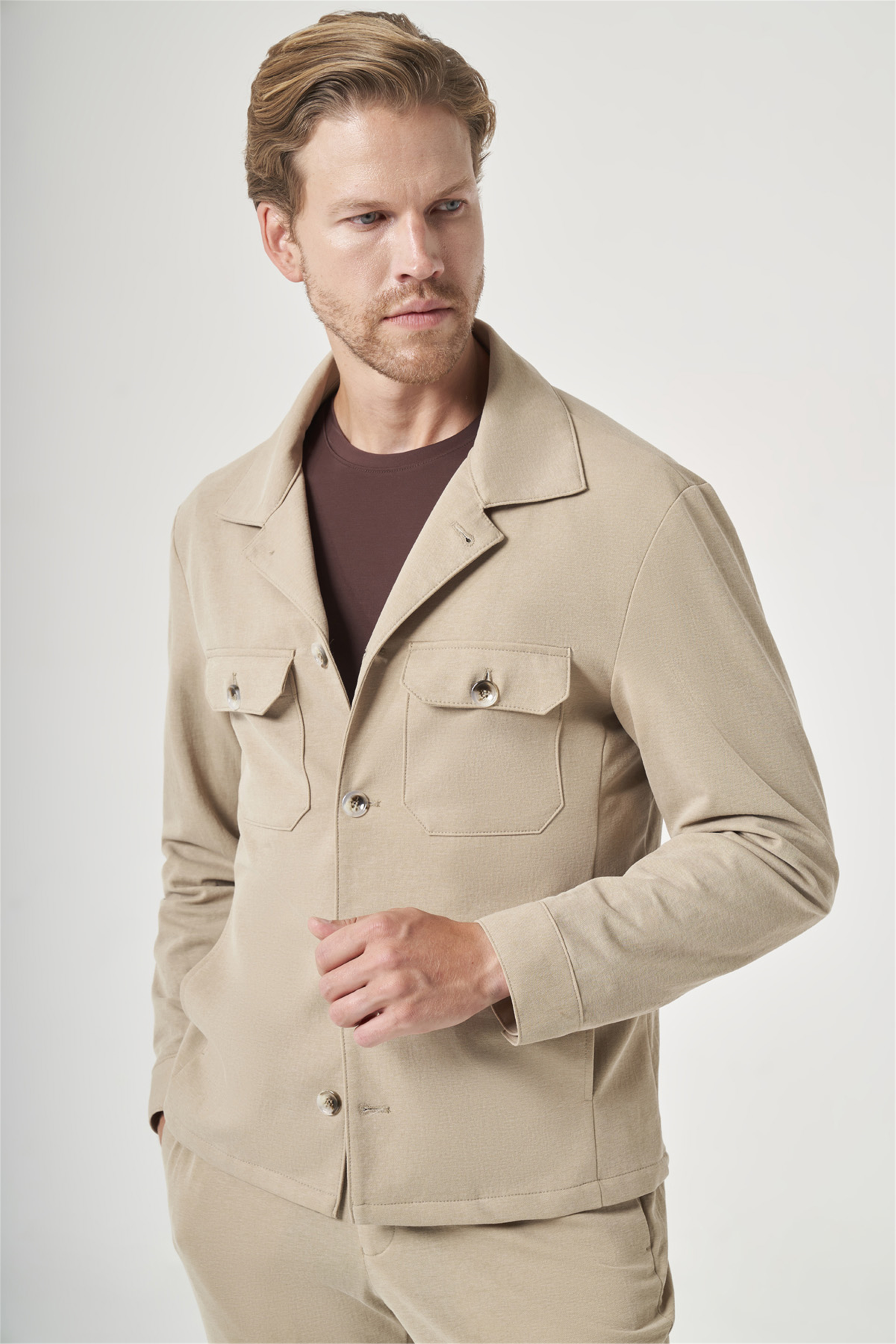 İMZA Bej Berberi Yaka Örme Beli Lastikli 6 Drop Slim Fit Astarsız Esnek Takım Elbise 1001260177 görsel 3