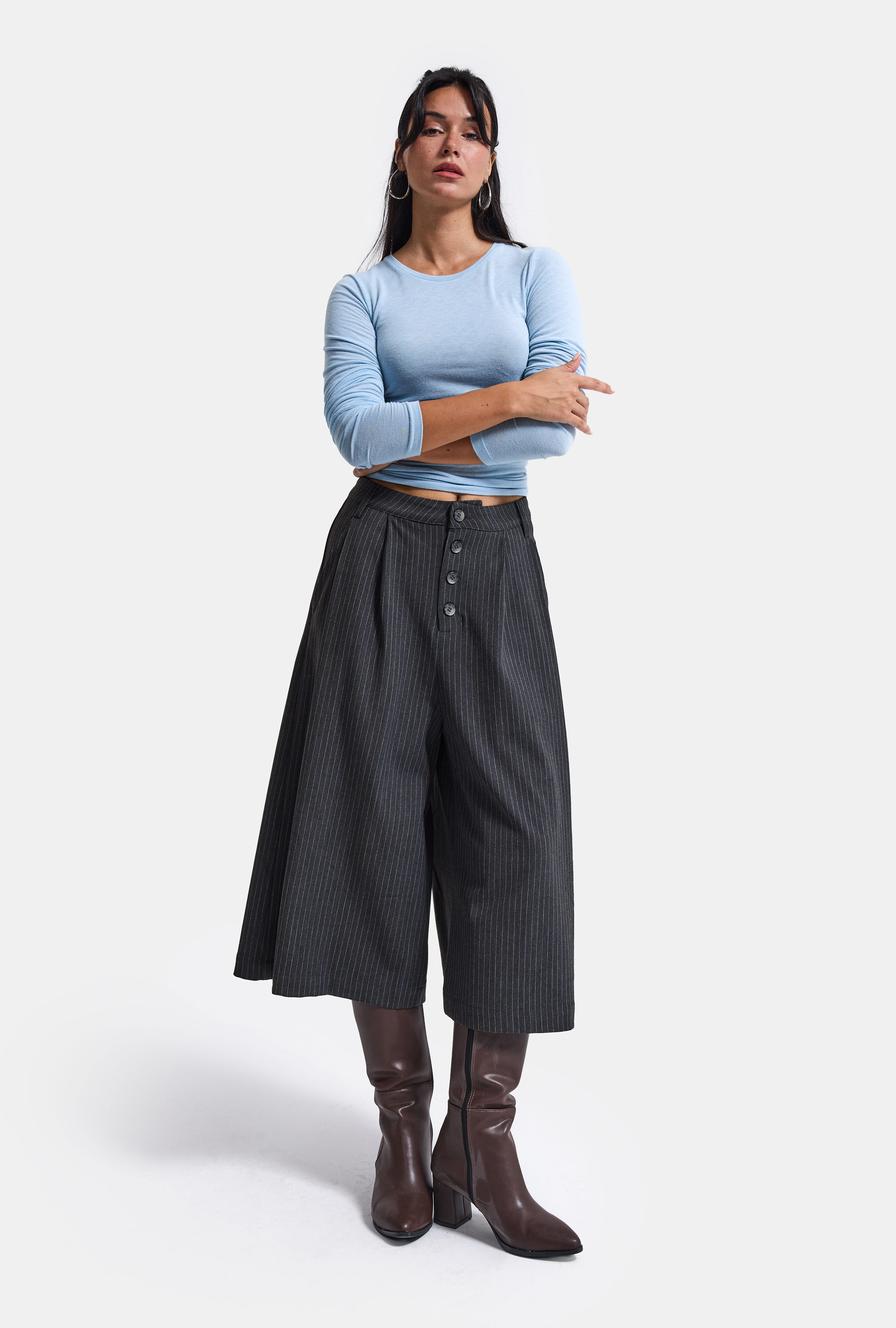 It's Basic Kadın Antrasit Çizgili w6-45 Baggy Bermuda Şort Pantolon görsel 6