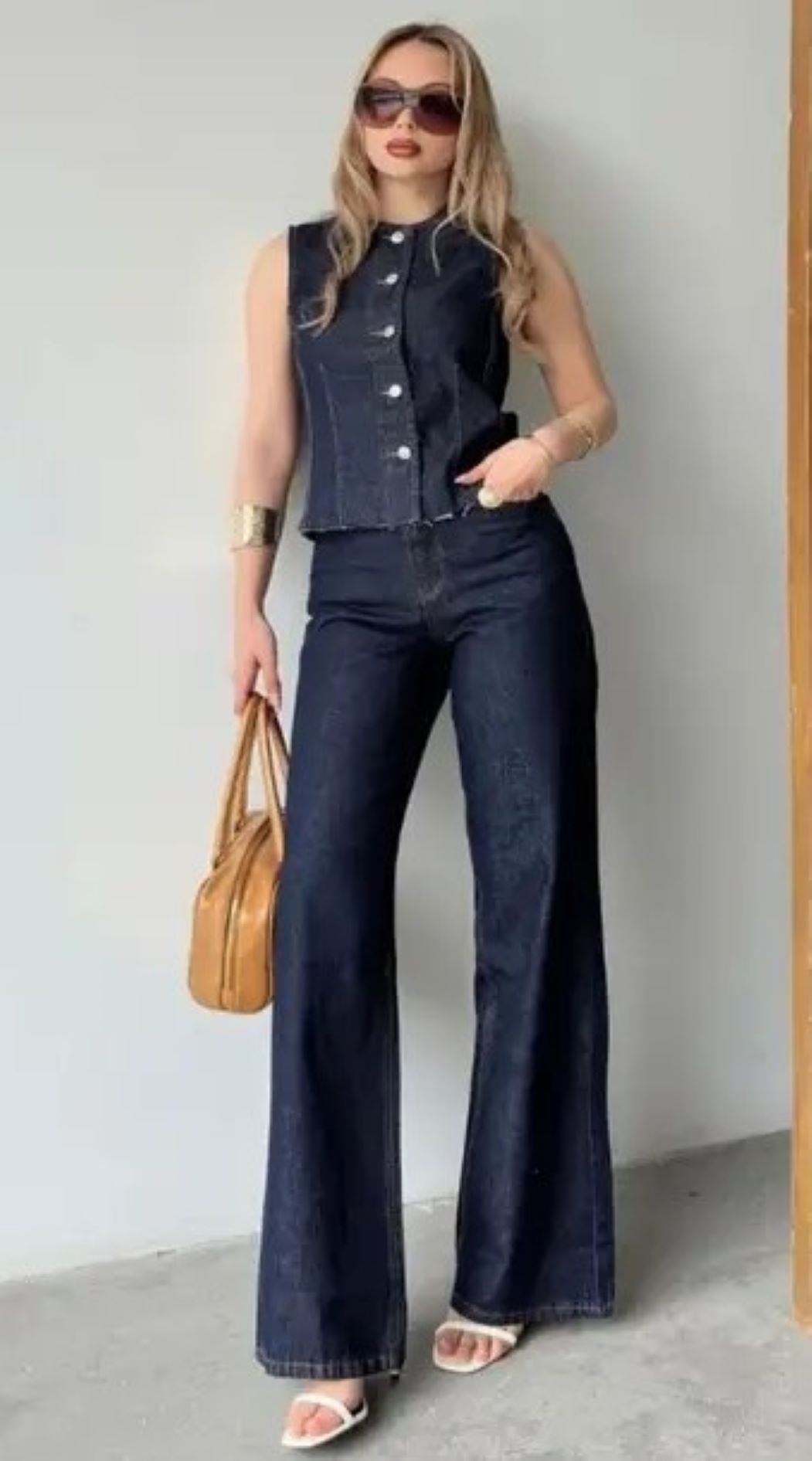 ginger love Kadın Koyu Mavi Denim Yelek ve Bol Paça Pantolon 2’li Takım, Jean Kombin