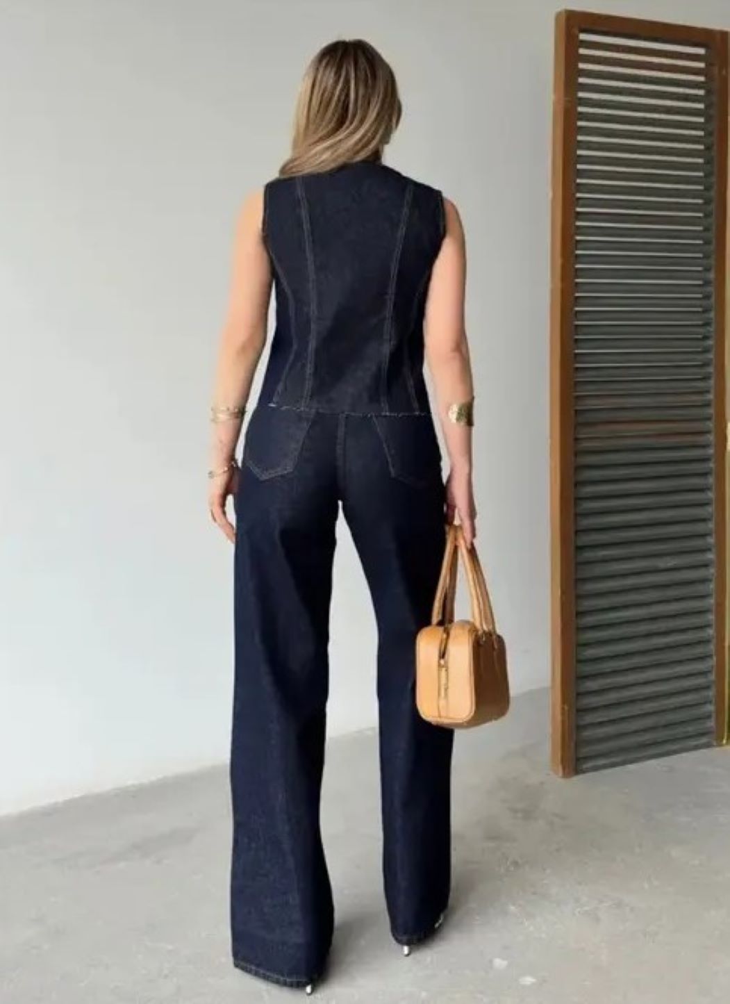 ginger love Kadın Koyu Mavi Denim Yelek ve Bol Paça Pantolon 2’li Takım, Jean Kombin görsel 2