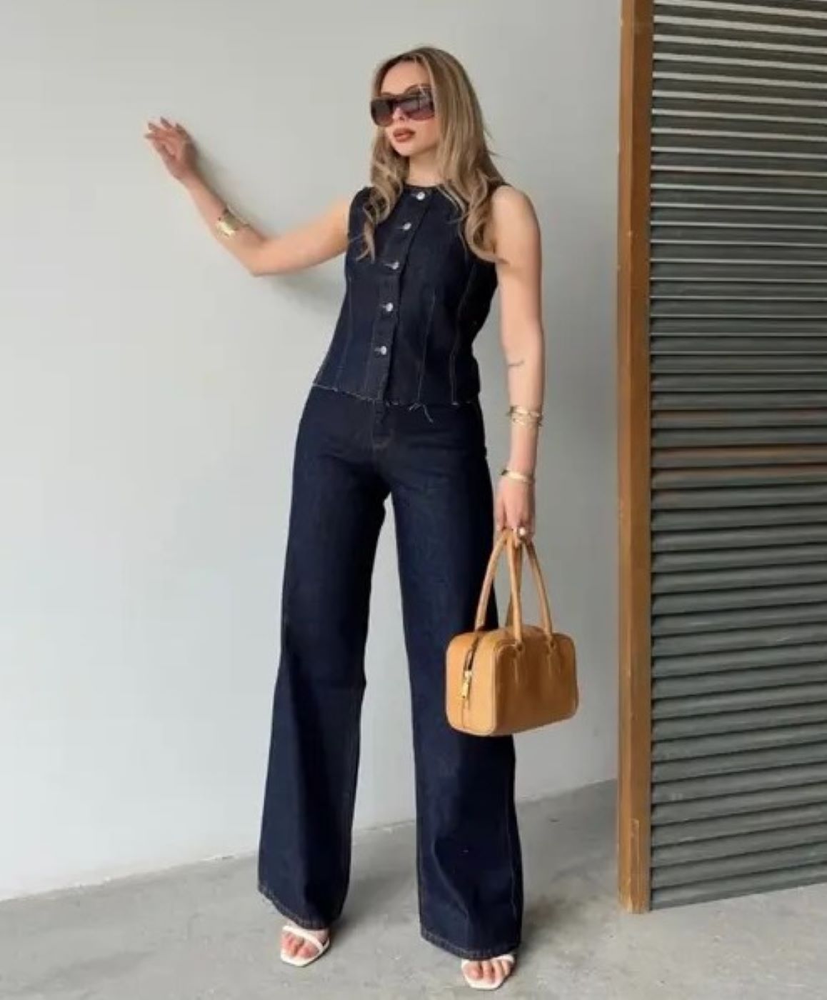 ginger love Kadın Koyu Mavi Denim Yelek ve Bol Paça Pantolon 2’li Takım, Jean Kombin görsel 3