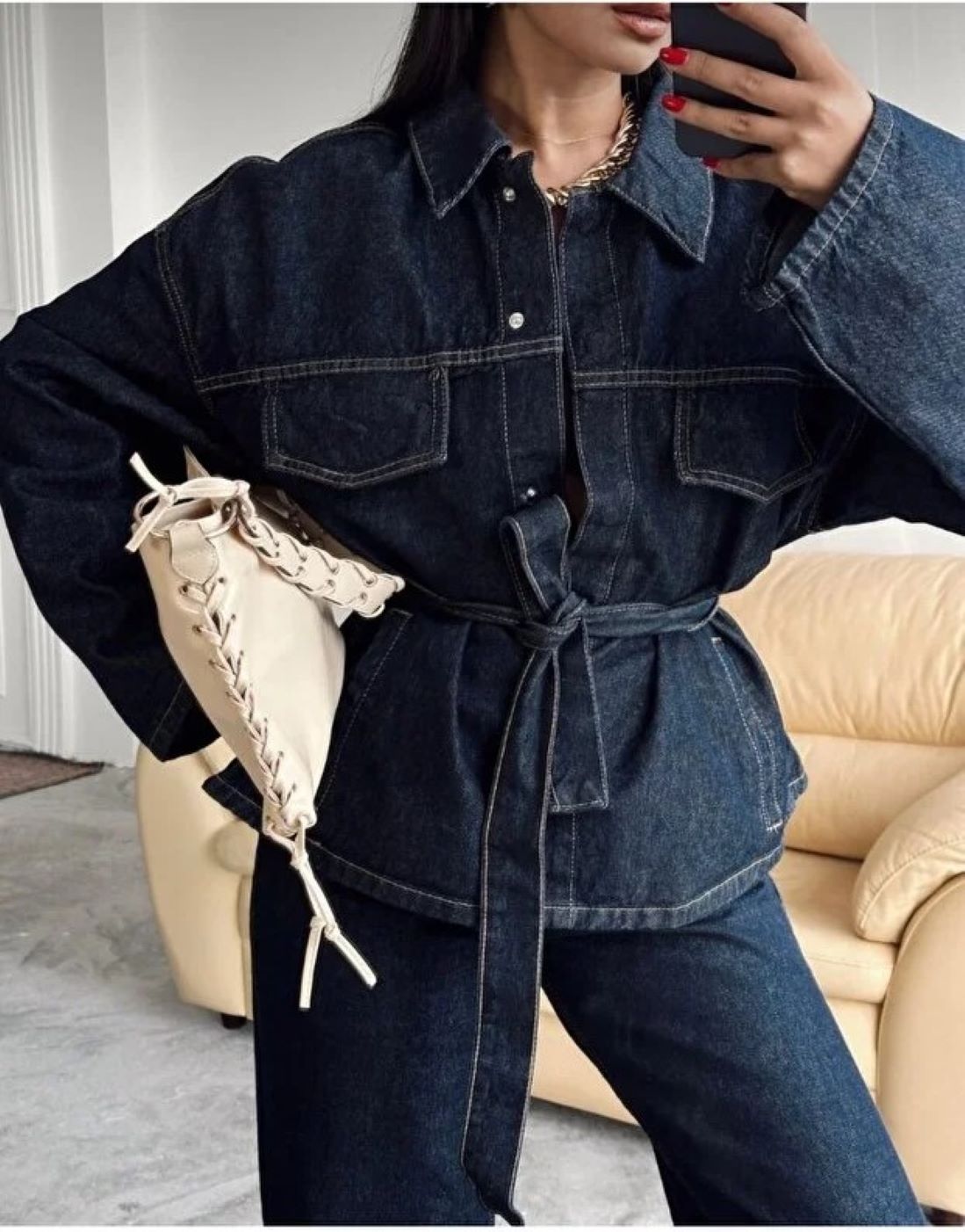 ginger love Kadın Koyu Mavi Denim Gömlek ve Bol Paça Pantolon Kemerli 2’li Takım