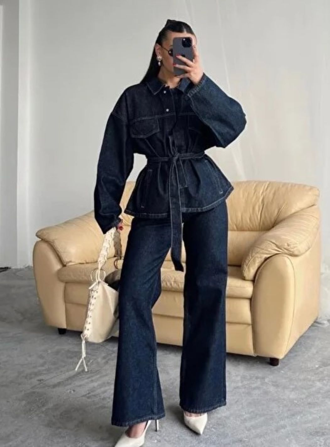 ginger love Kadın Koyu Mavi Denim Gömlek ve Bol Paça Pantolon Kemerli 2’li Takım görsel 2