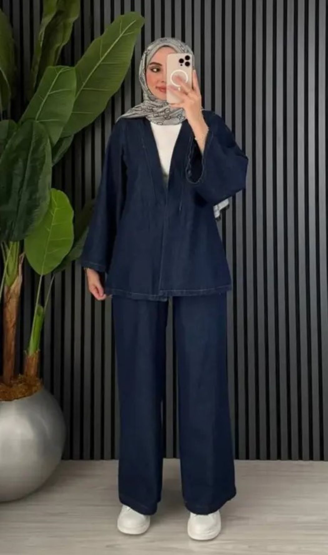 ginger love Kadın Koyu Mavi Denim Kimono Ceket ve Bol Paça Pantolon Kemerli 2’li Takım