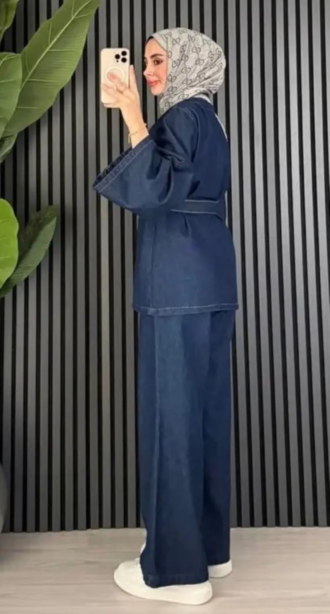 ginger love Kadın Koyu Mavi Denim Kimono Ceket ve Bol Paça Pantolon Kemerli 2’li Takım görsel 2