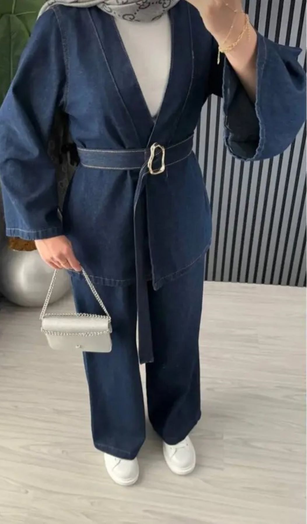 ginger love Kadın Koyu Mavi Denim Kimono Ceket ve Bol Paça Pantolon Kemerli 2’li Takım görsel 3