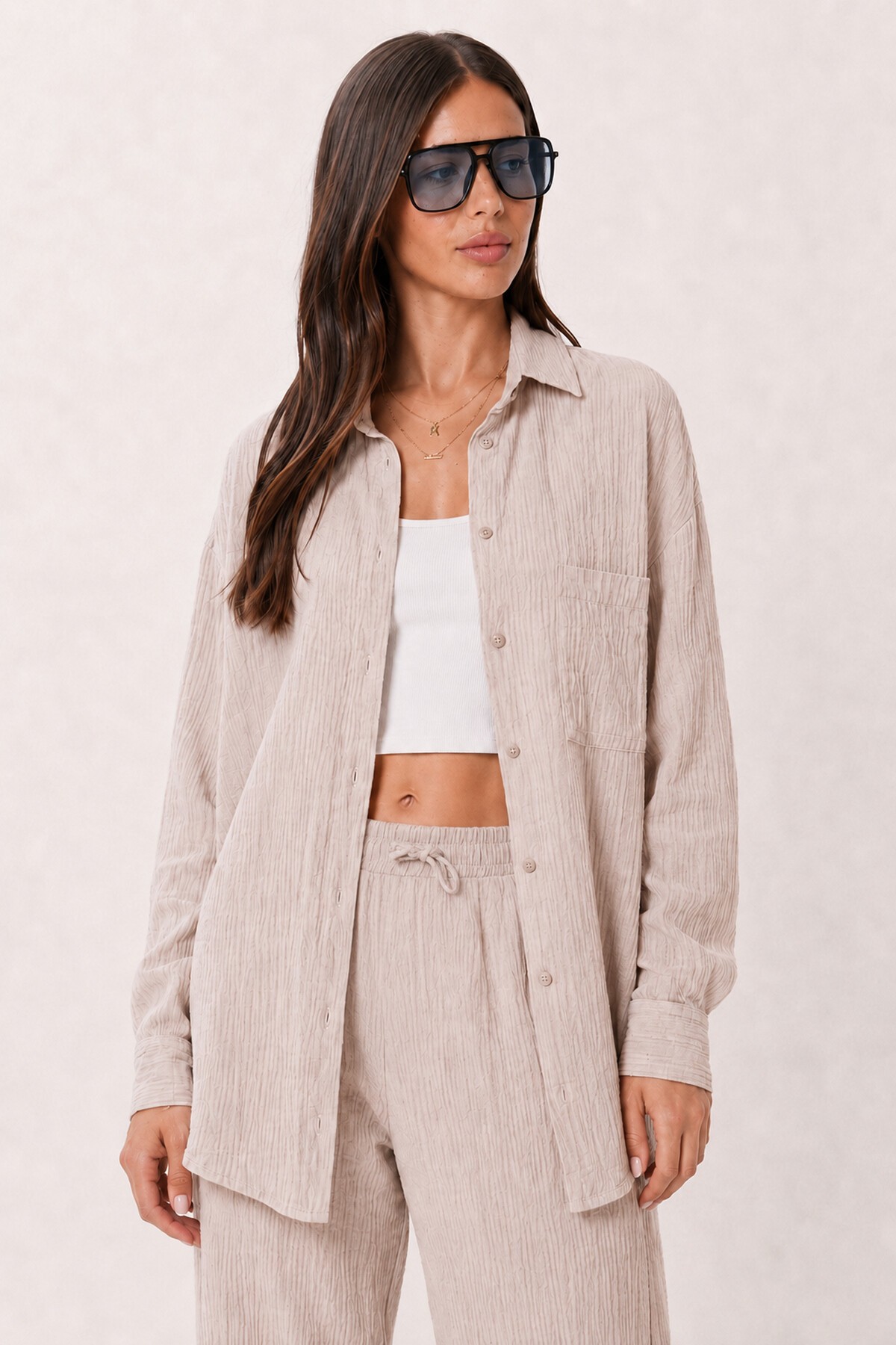 Happiness İstanbul Oversize Müslin Gömlek Pantolon Takım TAŞ LSA0014 görsel 2