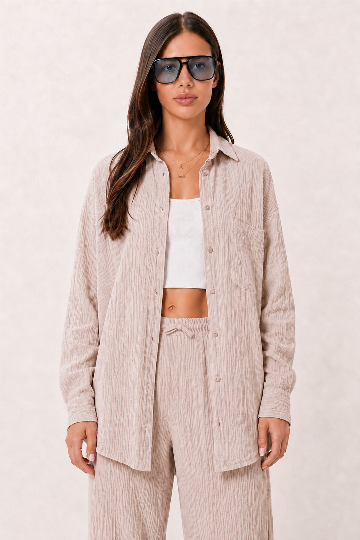 Happiness İstanbul Oversize Müslin Gömlek Pantolon Takım TAŞ LSA0014 görsel 3