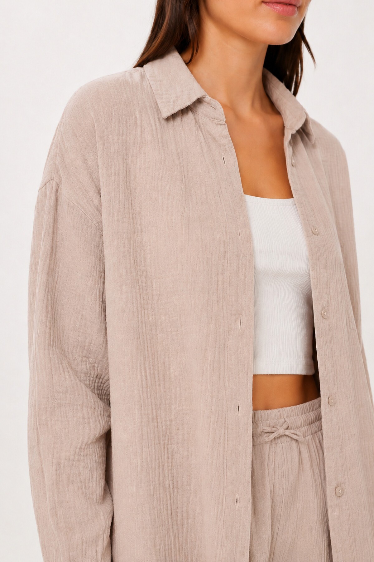 Happiness İstanbul Oversize Müslin Gömlek Pantolon Takım TAŞ LSA0014 görsel 4