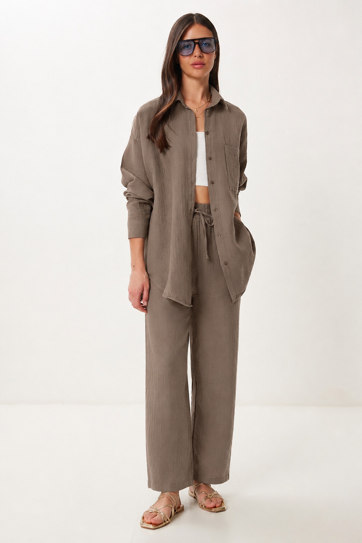 Happiness İstanbul Oversize Müslin Gömlek Pantolon Takım VİZON LSA0014