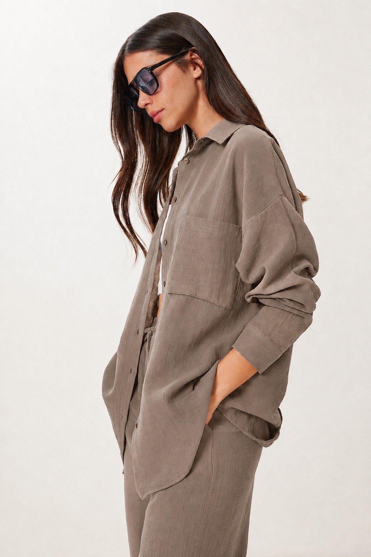 Happiness İstanbul Oversize Müslin Gömlek Pantolon Takım VİZON LSA0014 görsel 2