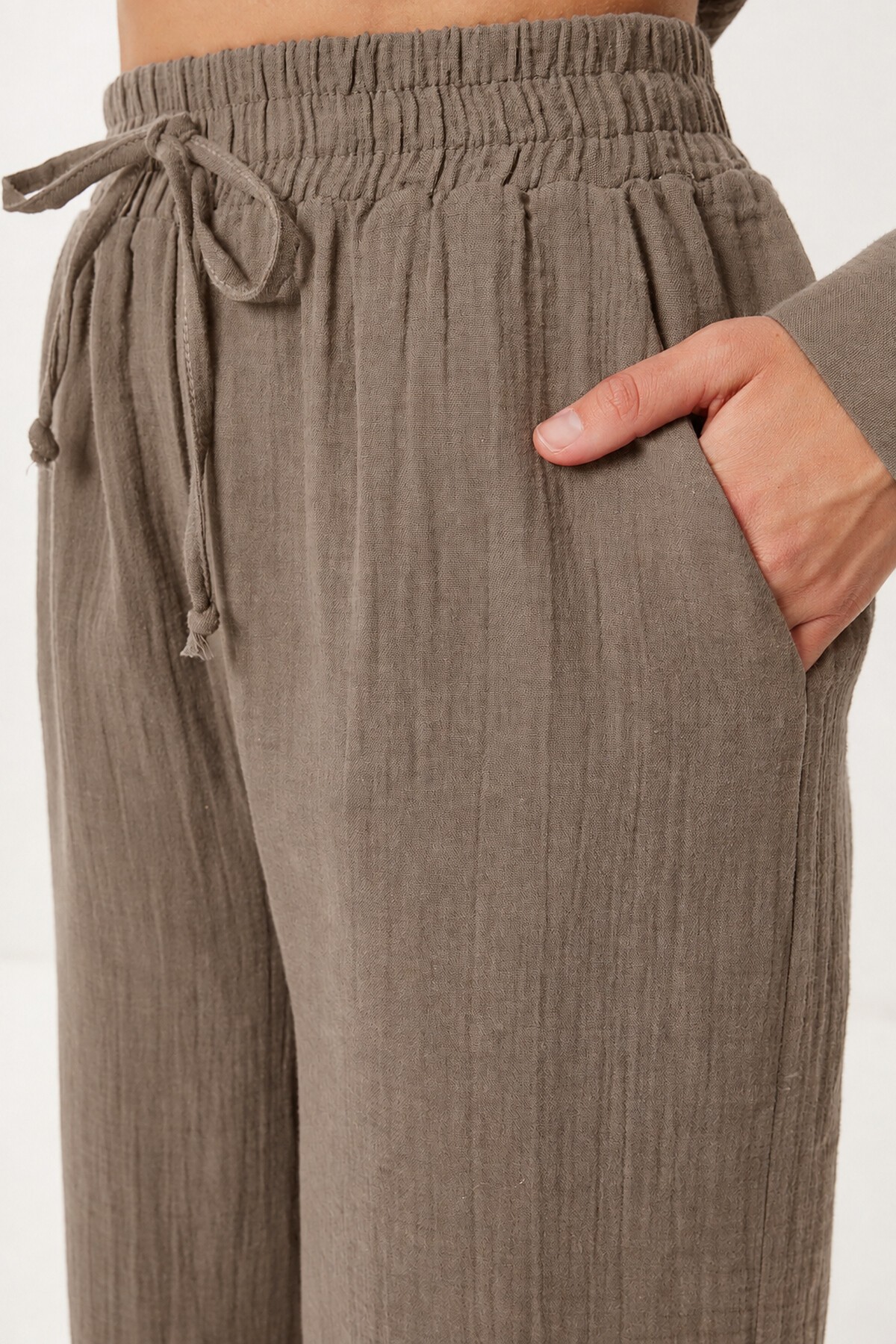 Happiness İstanbul Oversize Müslin Gömlek Pantolon Takım VİZON LSA0014 görsel 4