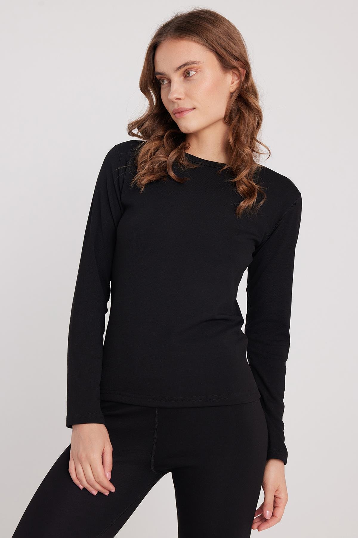 TUDORS Kadın Slim Fit Dar Kesim Bisiklet Yaka Siyah Termal Alt Üst Takım görsel 2