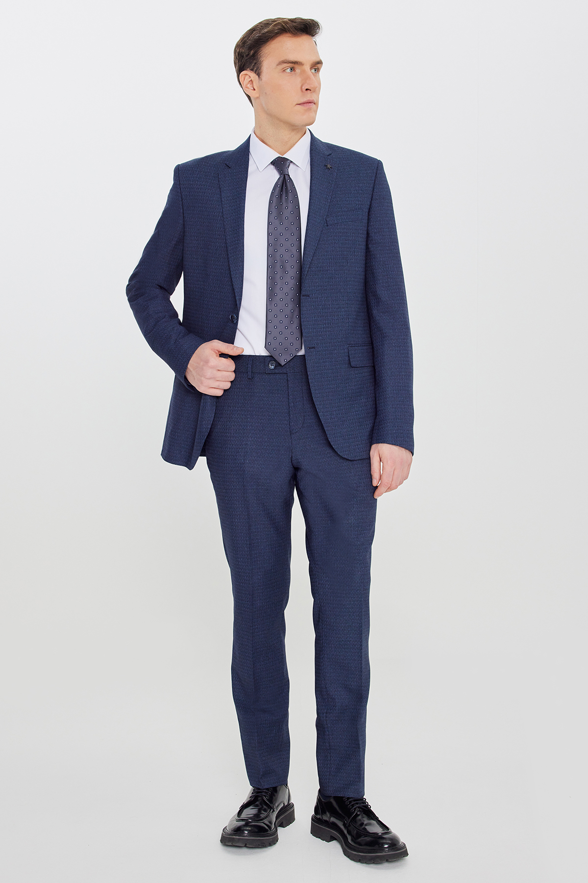Altınyıldız Classics Erkek Lacivert-Mavi Slim Fit Dar Kesim Mono Yaka Desenli Takım Elbise