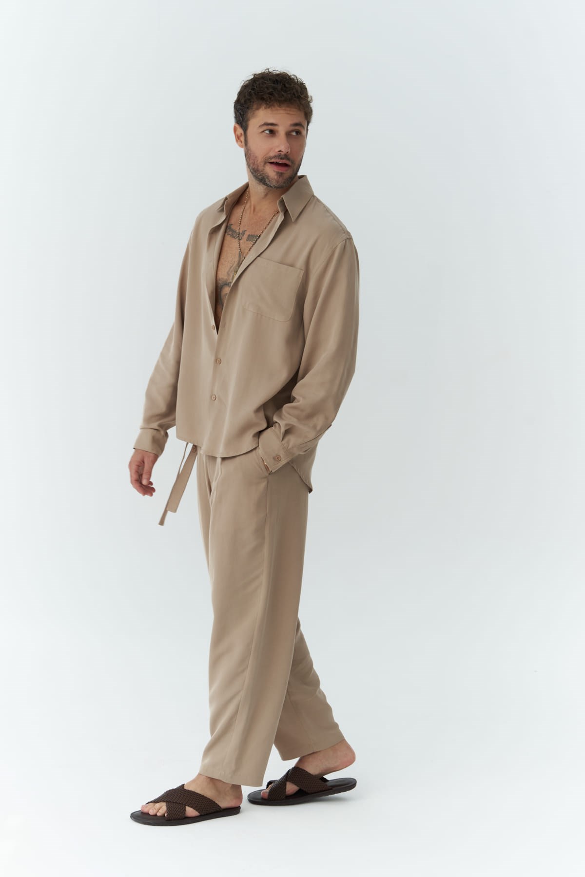 Mai Collection Jonathan Erkek Koyu Vizon Gömlek Pantolon Takım görsel 2