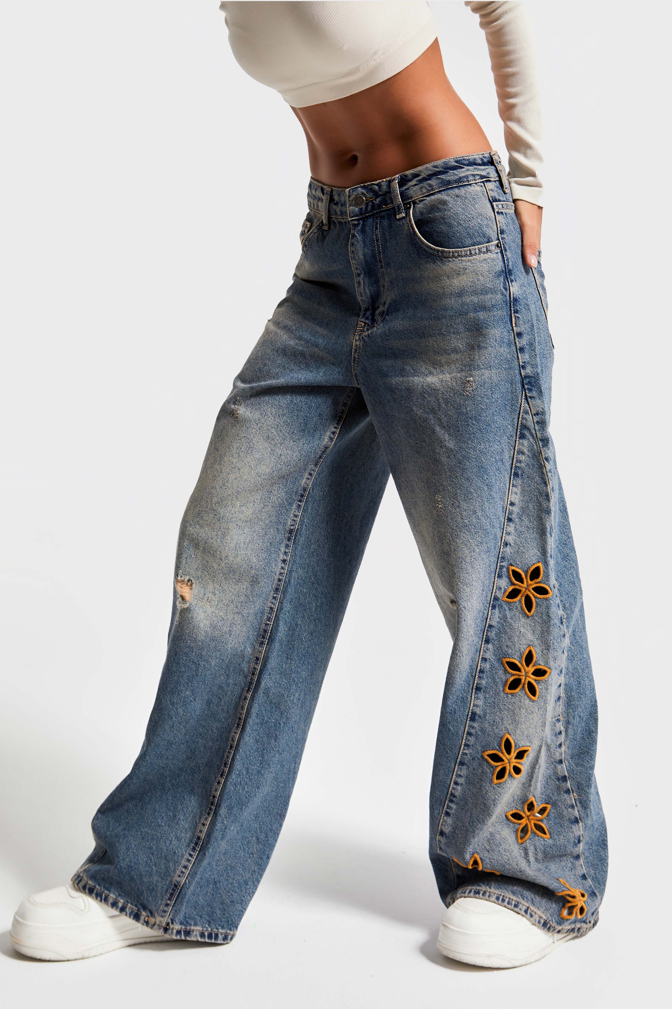 It's Basic Kadın T.Kot Rengi Çiçek Nakışlı Bol Kesim Tasarım Denim