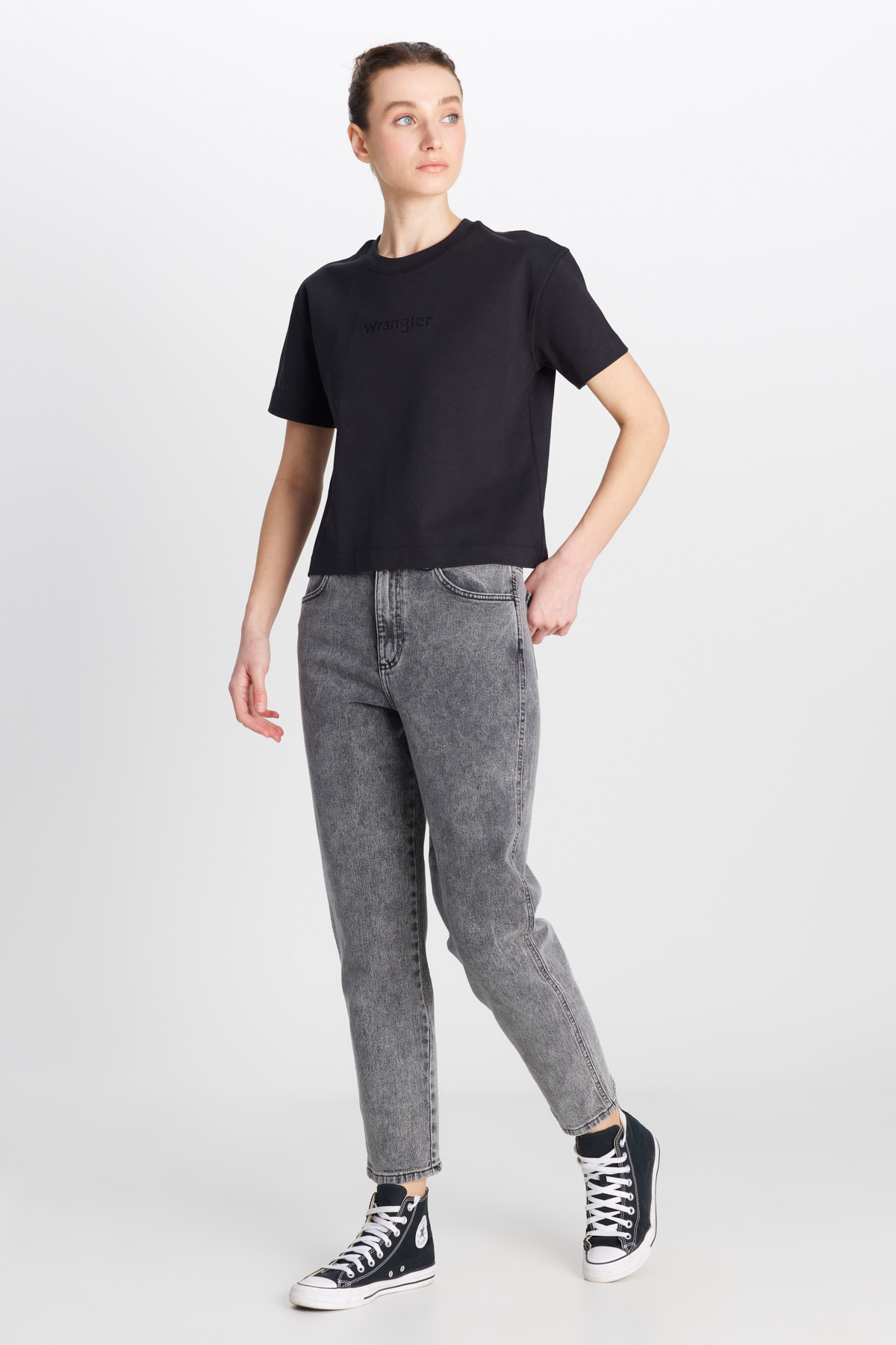Wrangler Mom Fit Yüksek Bel Dar Paça Açık Gri Pamuklu Esnek Jean Denim Pantolon