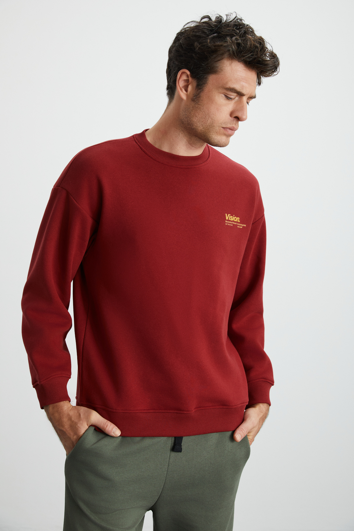 GRIMELANGE Ernest Erkek Organik Pamuklu Yumuşacık Baskı Detaylı Bisiklet Yaka İçi Polarlı BORDO Sweatshirt