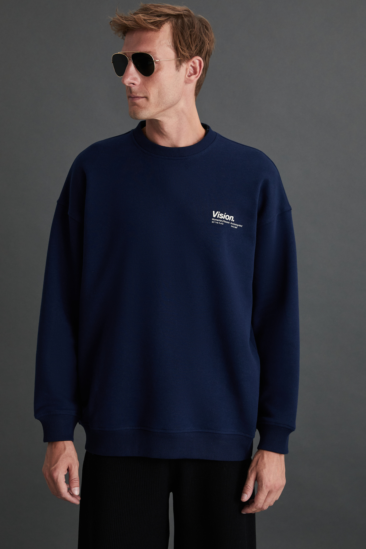 GRIMELANGE Ernest Erkek Organik Pamuklu Yumuşacık Baskı Detaylı Bisiklet Yaka İçi Polarlı LACİVERT Sweatshirt