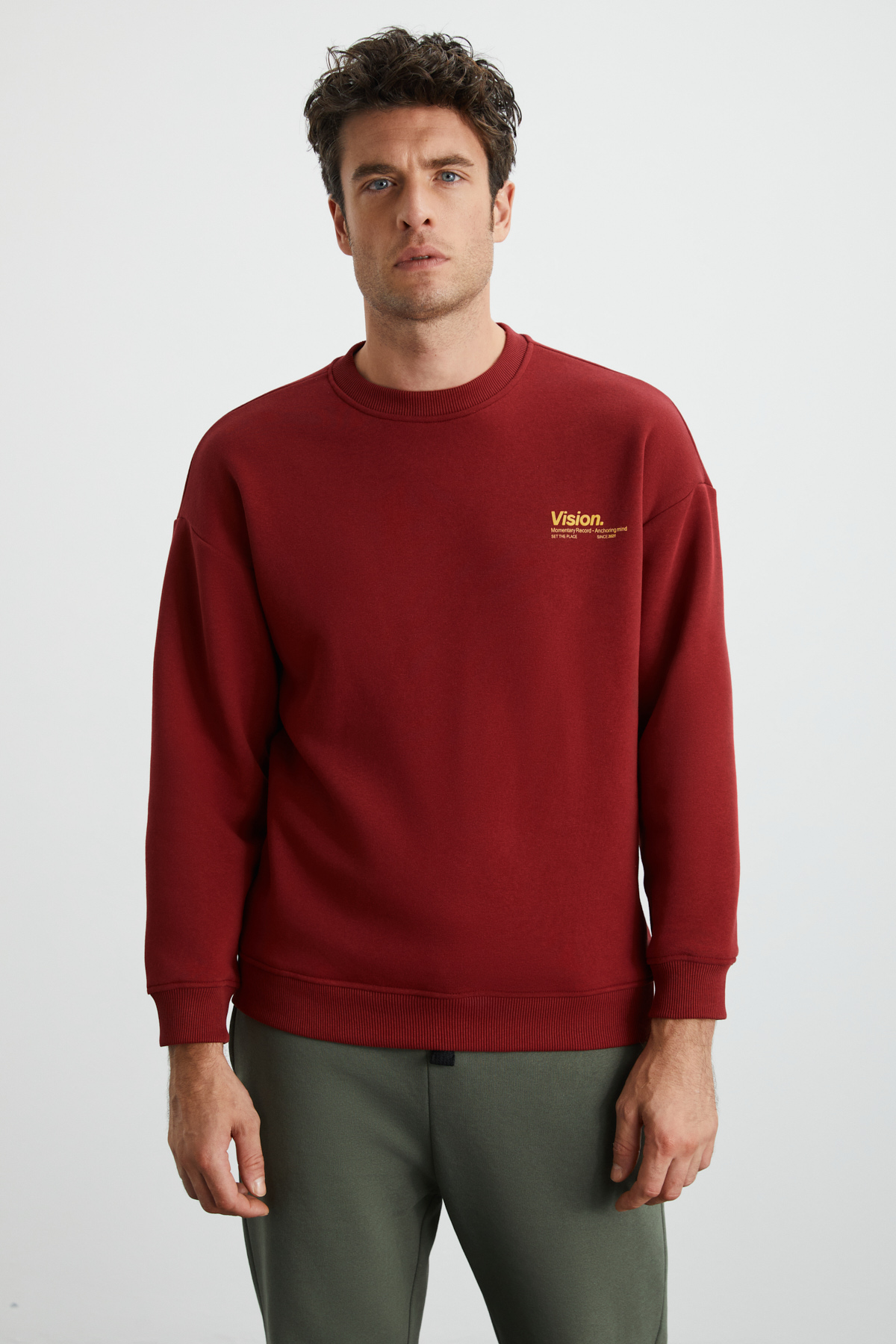GRIMELANGE Ernest Erkek Organik Pamuklu Yumuşacık Baskı Detaylı Bisiklet Yaka İçi Polarlı BORDO Sweatshirt görsel 3