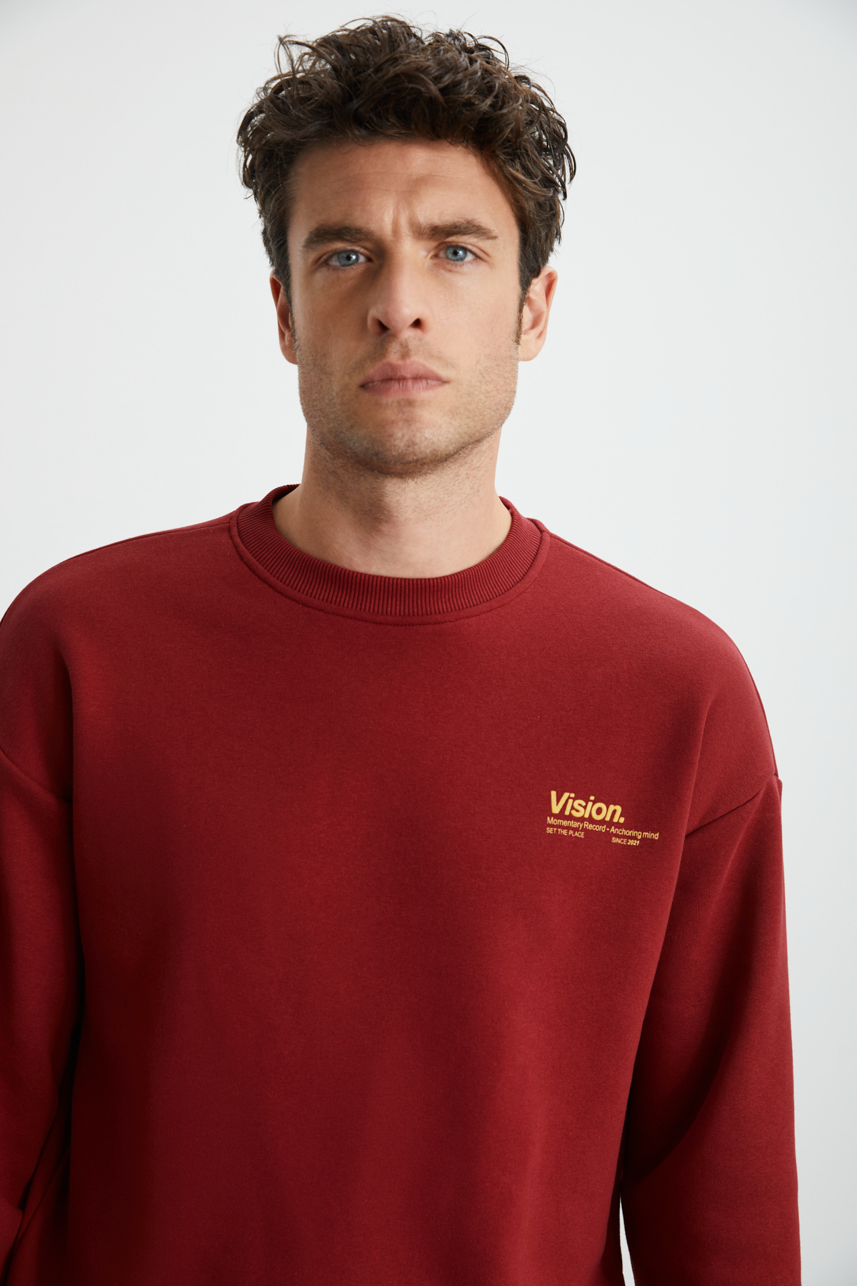 GRIMELANGE Ernest Erkek Organik Pamuklu Yumuşacık Baskı Detaylı Bisiklet Yaka İçi Polarlı BORDO Sweatshirt görsel 5