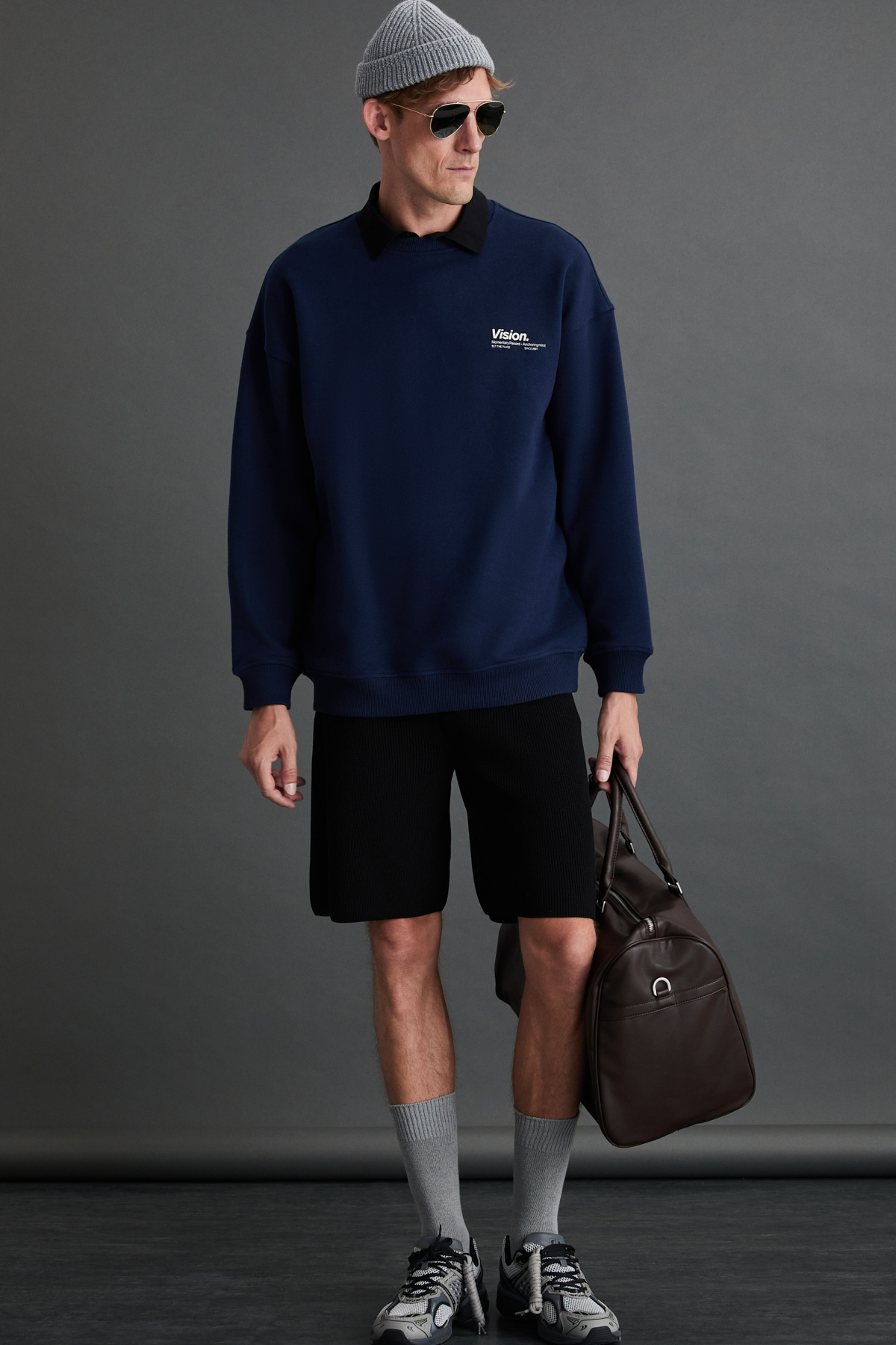 GRIMELANGE Ernest Erkek Organik Pamuklu Yumuşacık Baskı Detaylı Bisiklet Yaka İçi Polarlı LACİVERT Sweatshirt görsel 2
