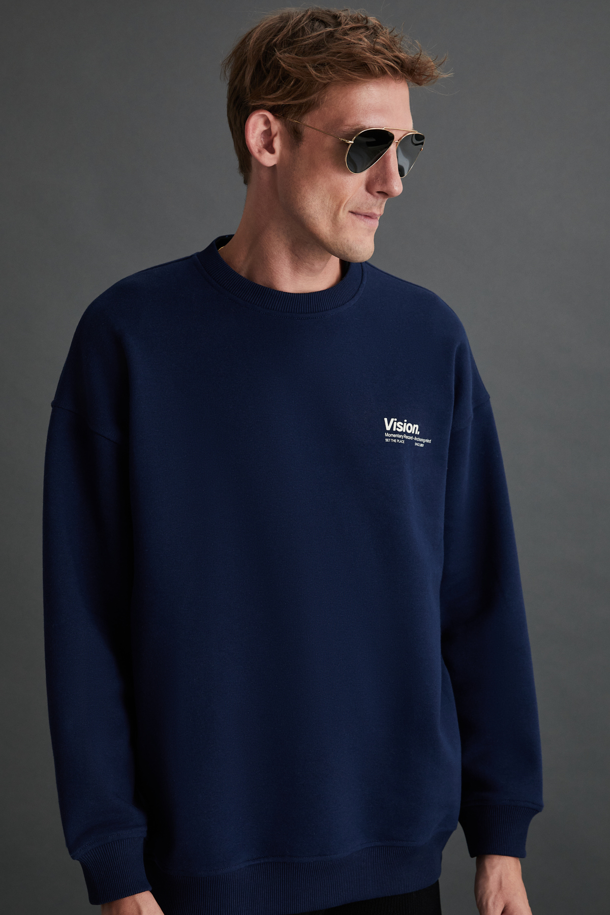 GRIMELANGE Ernest Erkek Organik Pamuklu Yumuşacık Baskı Detaylı Bisiklet Yaka İçi Polarlı LACİVERT Sweatshirt görsel 3