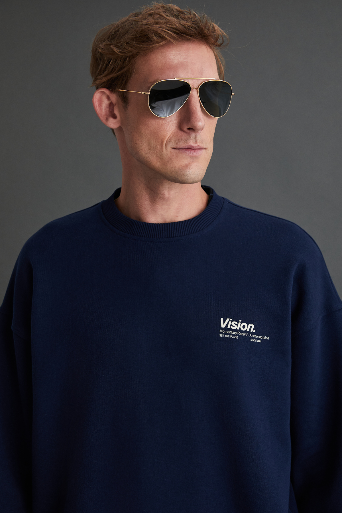 GRIMELANGE Ernest Erkek Organik Pamuklu Yumuşacık Baskı Detaylı Bisiklet Yaka İçi Polarlı LACİVERT Sweatshirt görsel 4