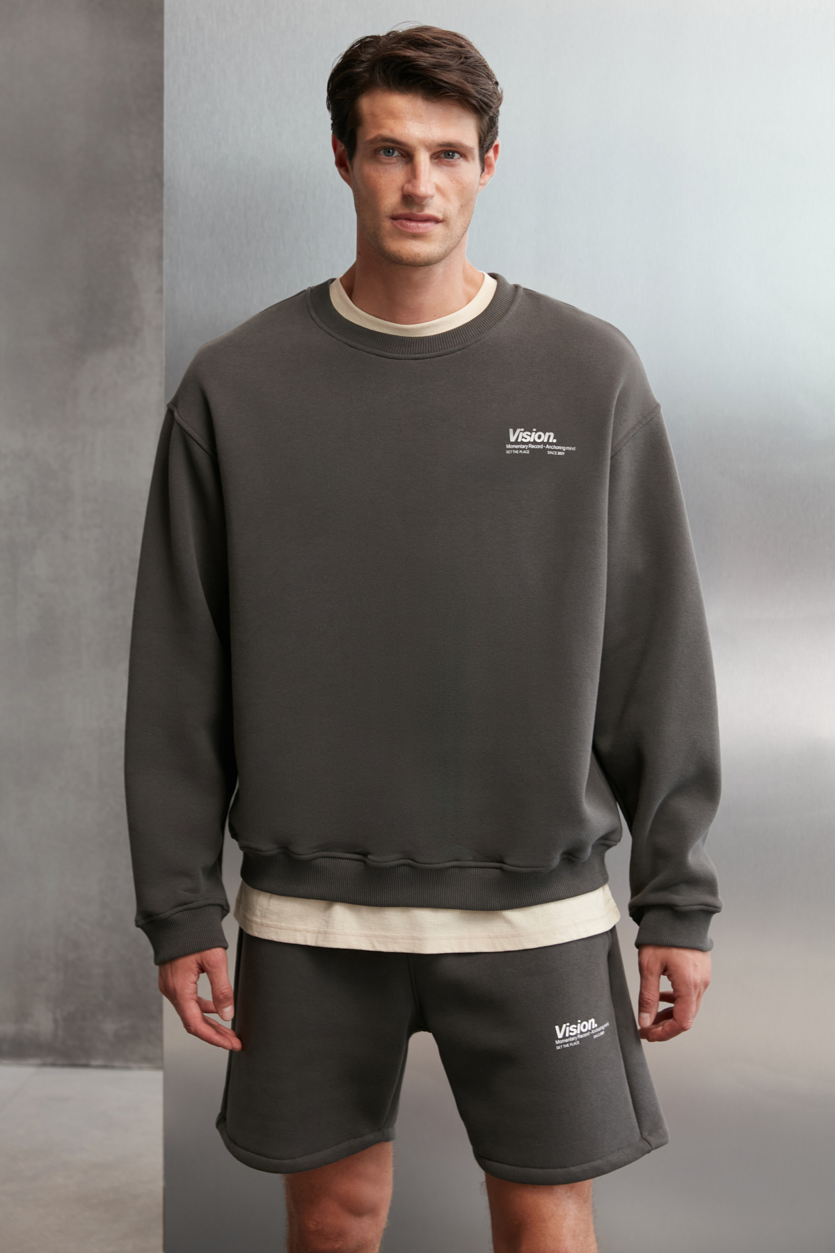 GRIMELANGE Ernest Erkek Organik Pamuklu Yumuşacık Baskı Detaylı Bisiklet Yaka İçi Polarlı GRİ Sweatshirt