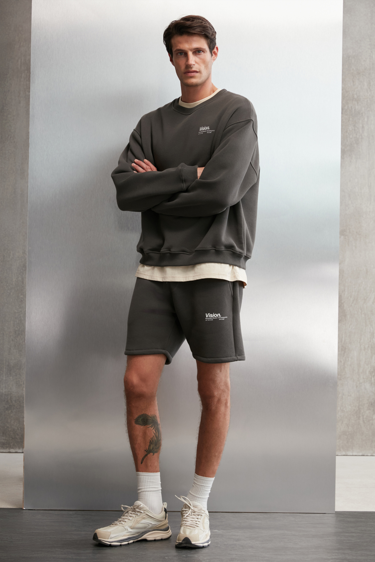 GRIMELANGE Ernest Erkek Organik Pamuklu Yumuşacık Baskı Detaylı Bisiklet Yaka İçi Polarlı GRİ Sweatshirt görsel 3