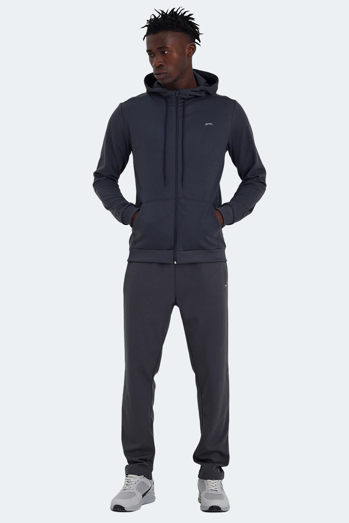 SLAZENGER RICH Erkek Fermuarlı Kapüşonlu Cepli Koyu Gri Eşofman Takımı