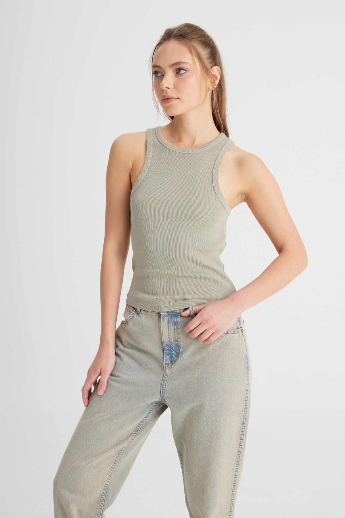 Wrangler Slim Fit Dar Kesim Bisiklet Yaka Haki Bluz görsel 2