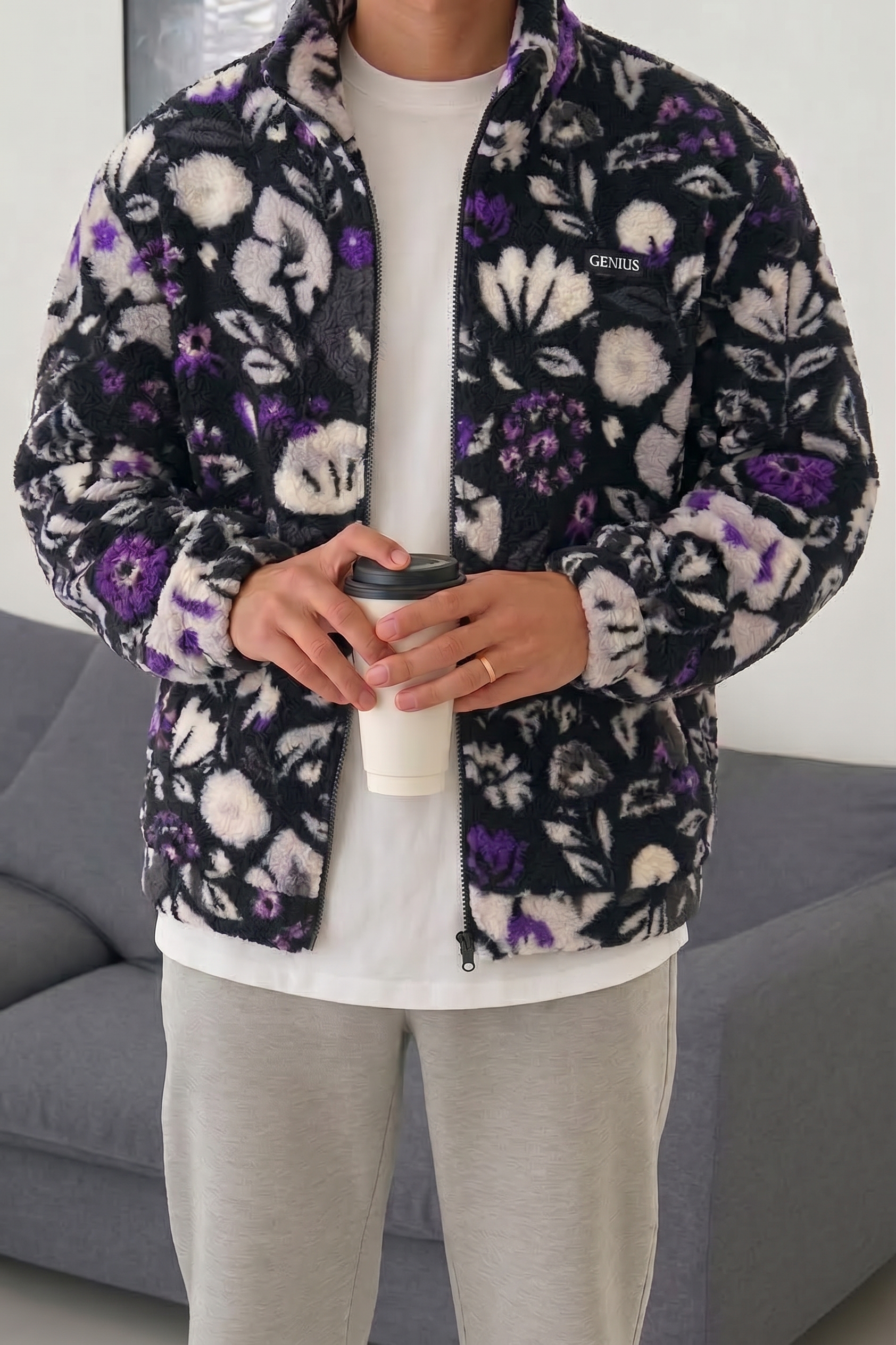 Genius Store Oversize Pelüş Tam Fermuarlı Sweatshirt Pelüş İçi Polarlı Sherpa Kumaş Sweatshirt