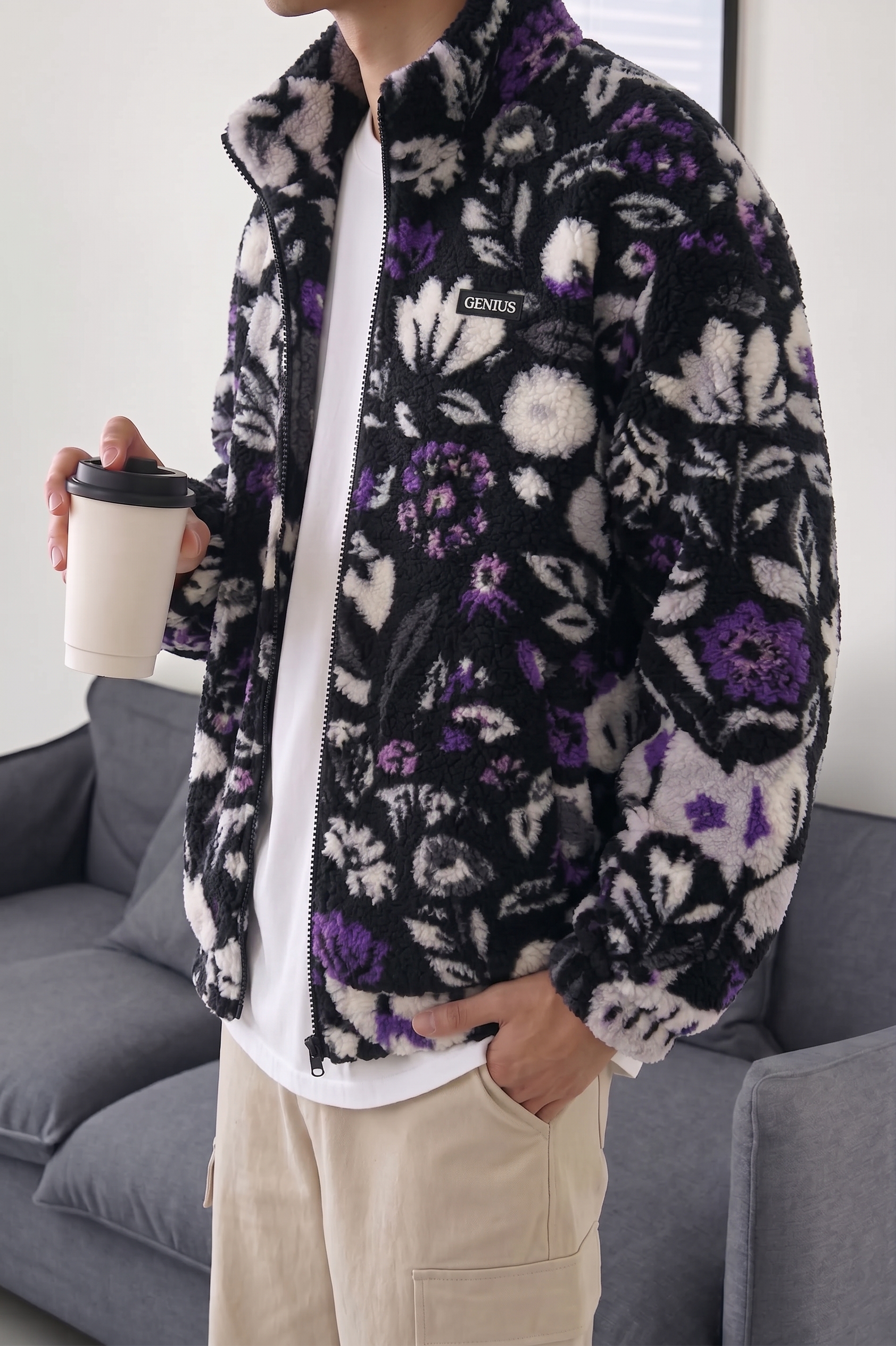Genius Store Oversize Pelüş Tam Fermuarlı Sweatshirt Pelüş İçi Polarlı Sherpa Kumaş Sweatshirt görsel 2