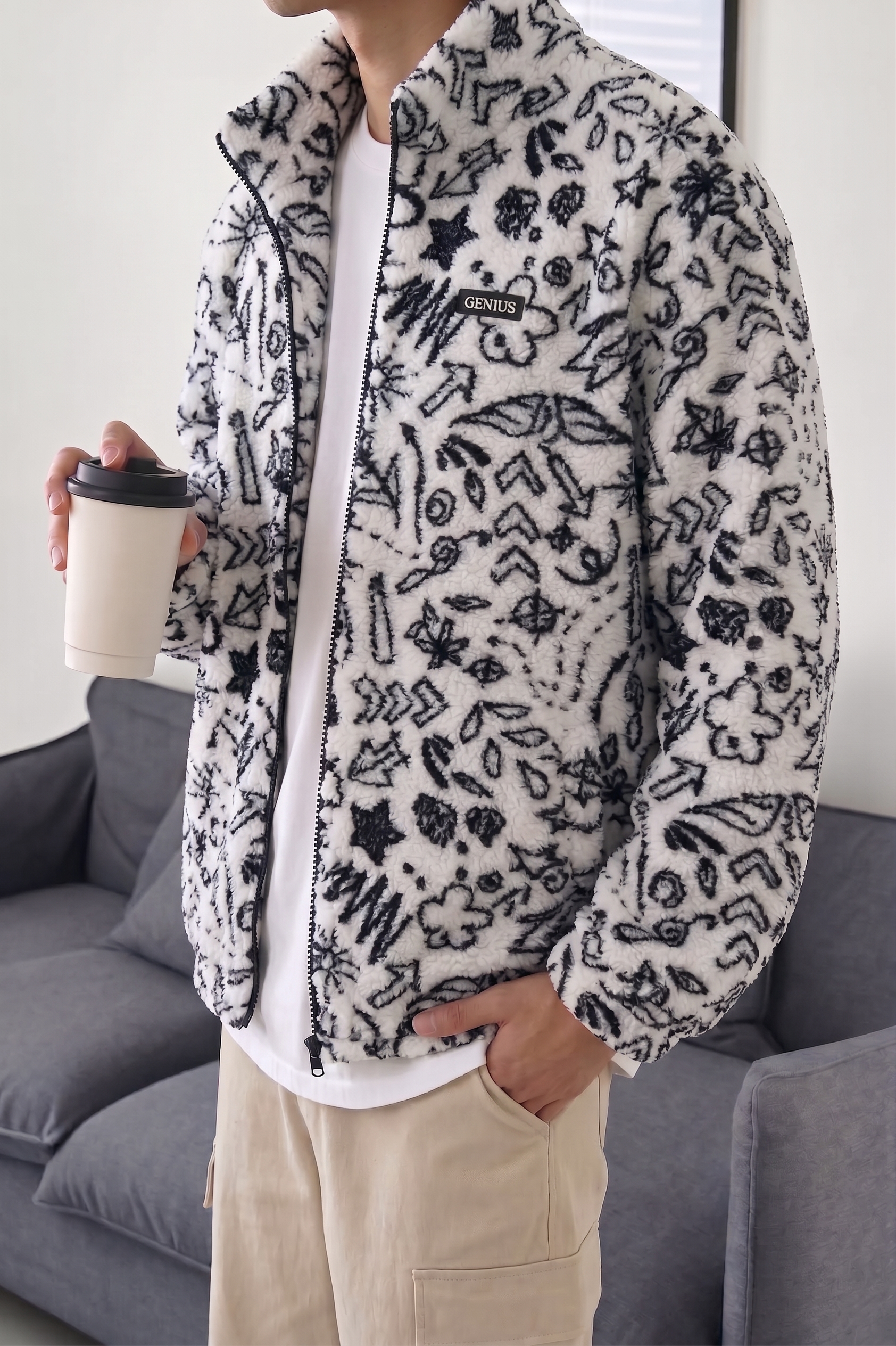 Genius Store Oversize Pelüş Tam Fermuarlı Sweatshirt Pelüş İçi Polarlı Sherpa Kumaş Sweatshirt görsel 2