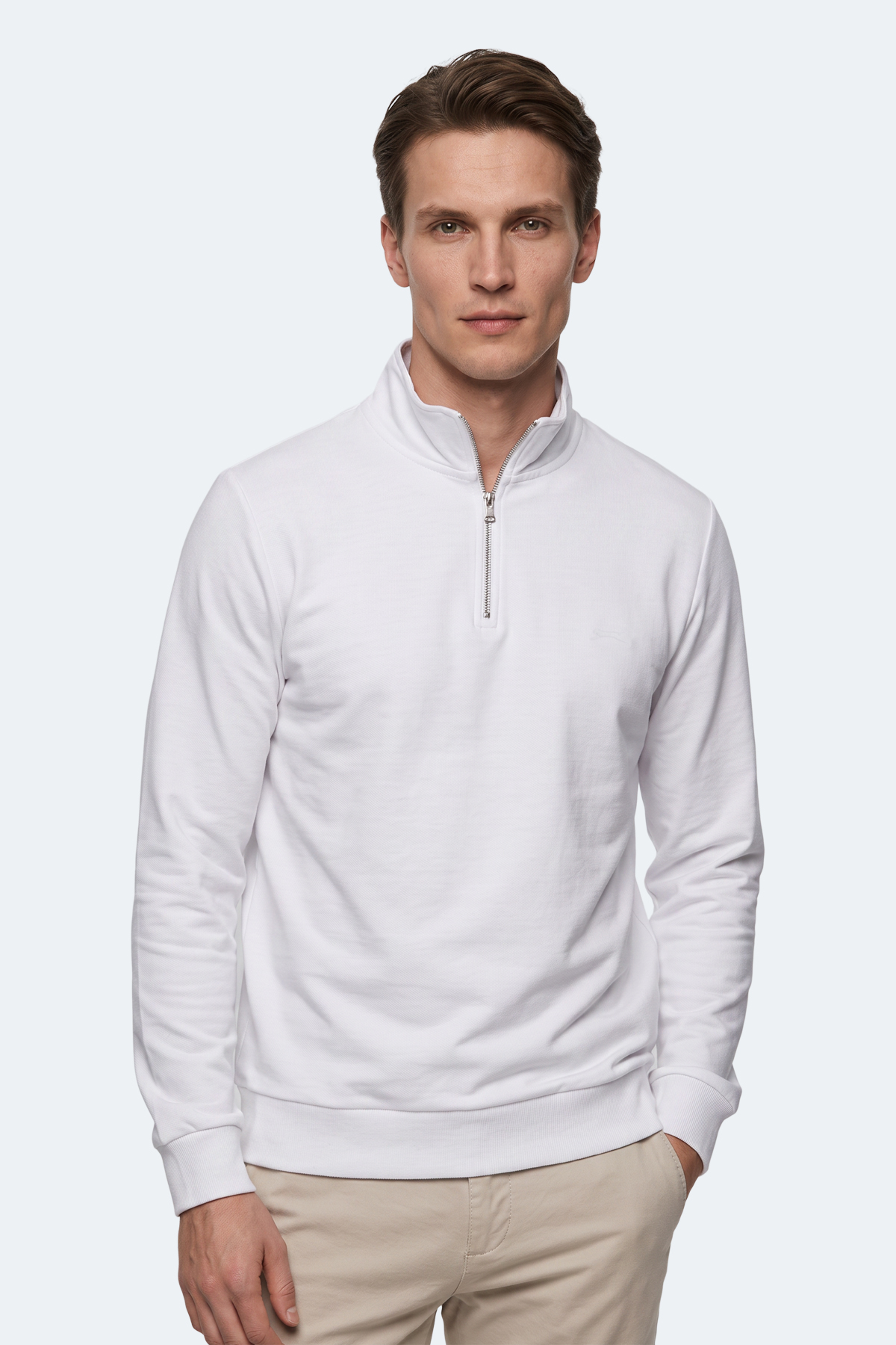 SLAZENGER KIVO I Erkek Dik Yaka Fermuarlı Beyaz Sweatshırt