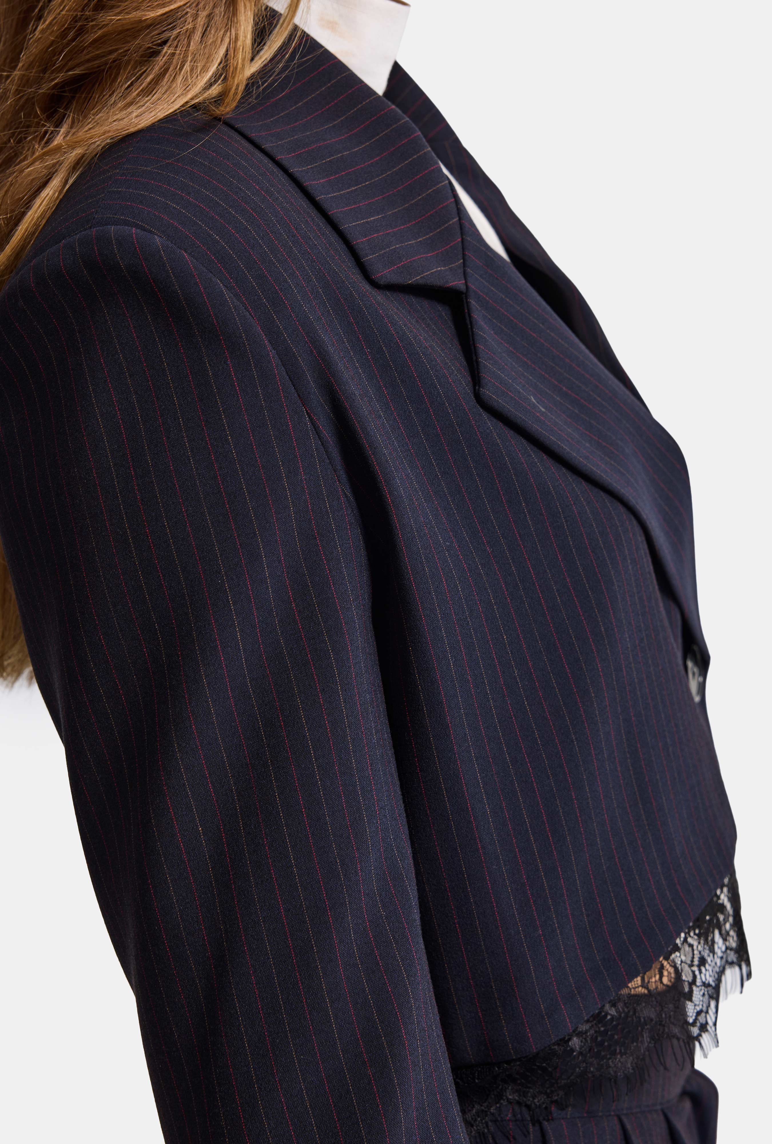 It's Basic Kadın Laci Çizgili w6-56 Dantel ve Aksesuar Detaylı Crop Kruvaze Tasarım Ceket görsel 8
