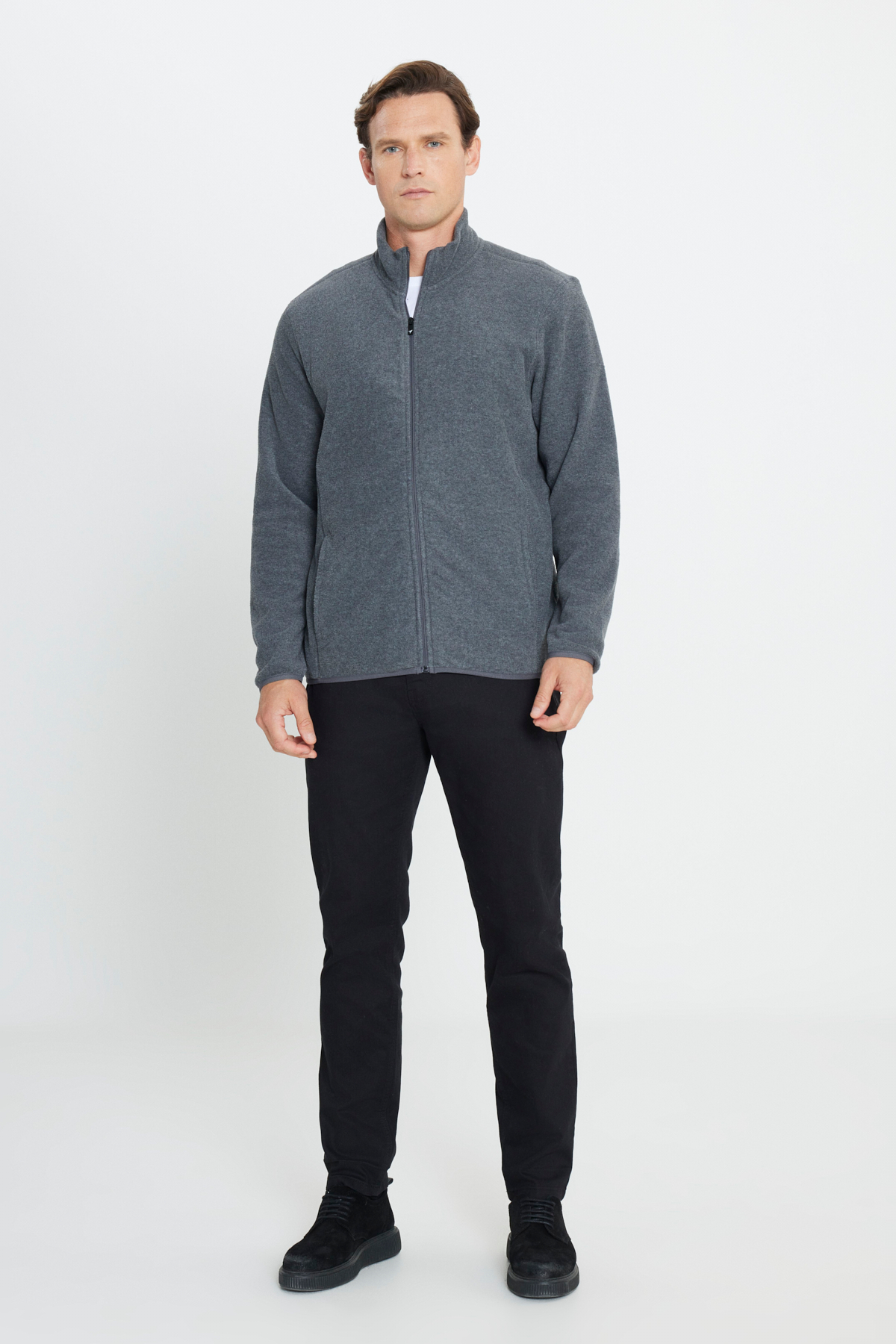 AC&Co / Altınyıldız Classics Erkek Antrasit Anti-Pilling Tüylenme Yapmayan Standart Fit Bato Yaka Sweatshirt Polar Ceket görsel 2