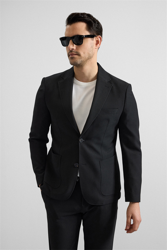 Süvari Siyah Slim Mono Yaka Düz Torba Cep 6 Drop Takım Elbise görsel 2