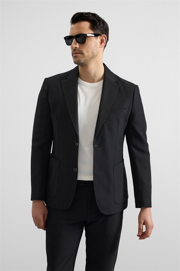 Süvari Siyah Slim Mono Yaka Düz Torba Cep 6 Drop Takım Elbise görsel 3
