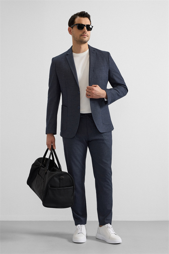 Süvari Lacivert Slim Mono Yaka Düz Torba Cep 6 Drop Takım Elbise