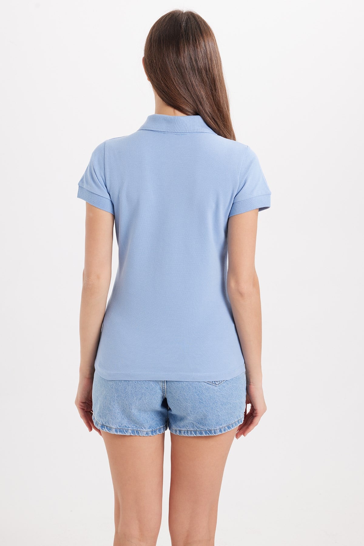 TUDORS Kadın Slim Fit Dar Kesim %100 Pamuk Polo Yaka Mavipike Tişört görsel 7