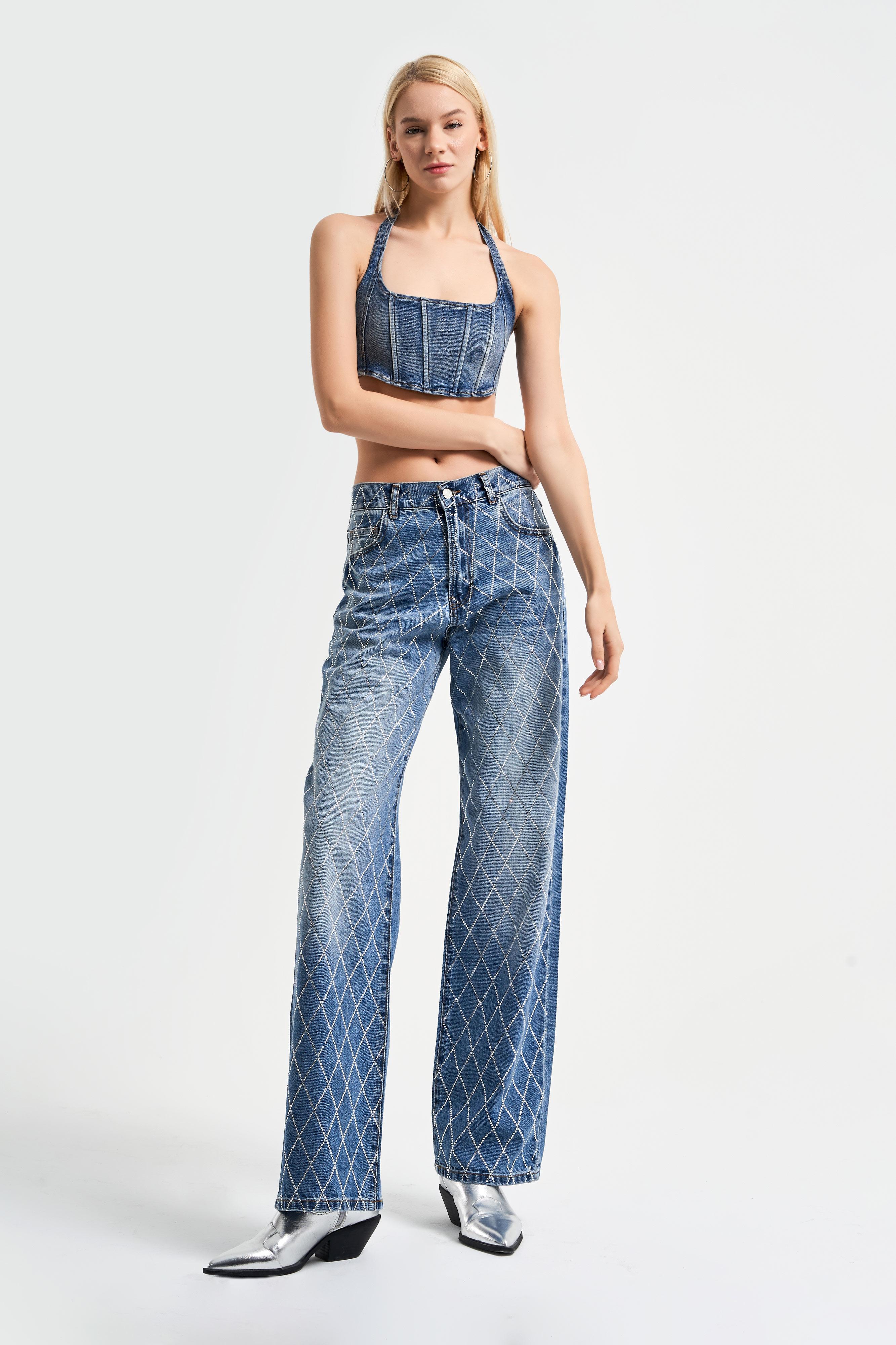 It's Basic Kadın Mavi Jean Rengi Önü Komple Taşlı Straight Fit Orta Bel Denim