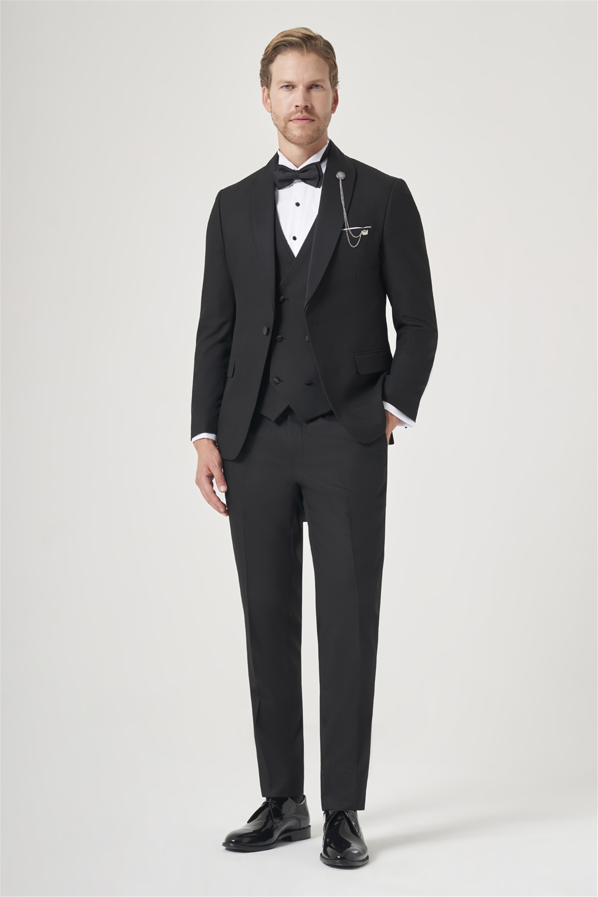 İMZA Siyah Kırlangıç Yaka Düz Desen 6 Drop Slim Fit Yelekli Damatlık Takım Elbise 1001260206
