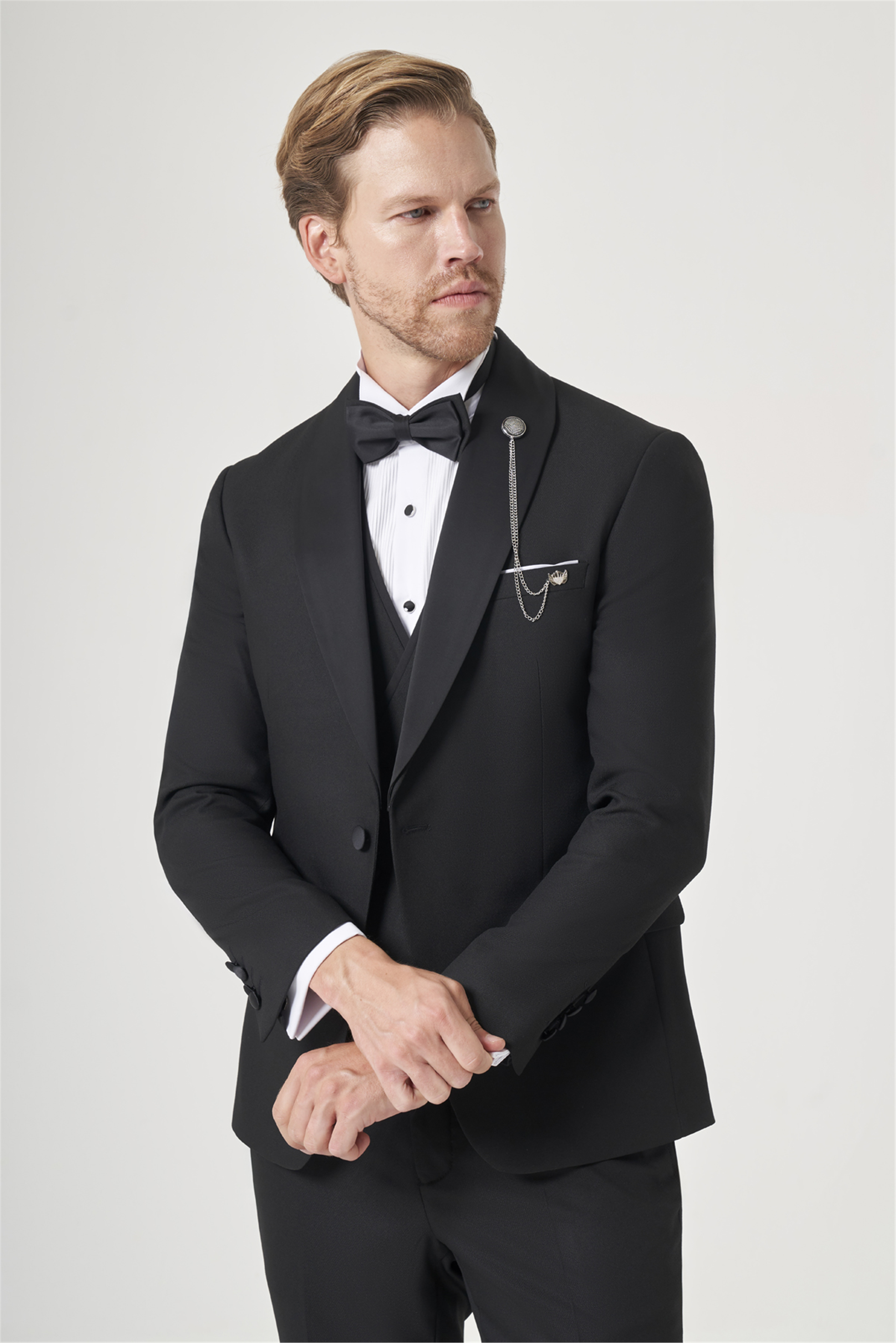 İMZA Siyah Kırlangıç Yaka Düz Desen 6 Drop Slim Fit Yelekli Damatlık Takım Elbise 1001260206 görsel 2