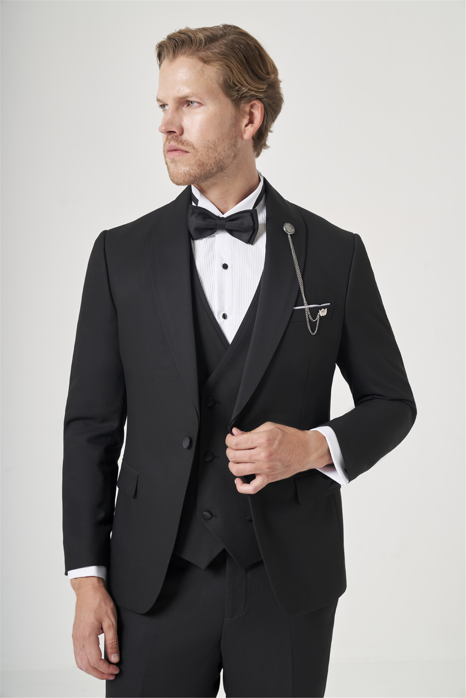İMZA Siyah Kırlangıç Yaka Düz Desen 6 Drop Slim Fit Yelekli Damatlık Takım Elbise 1001260206 görsel 3