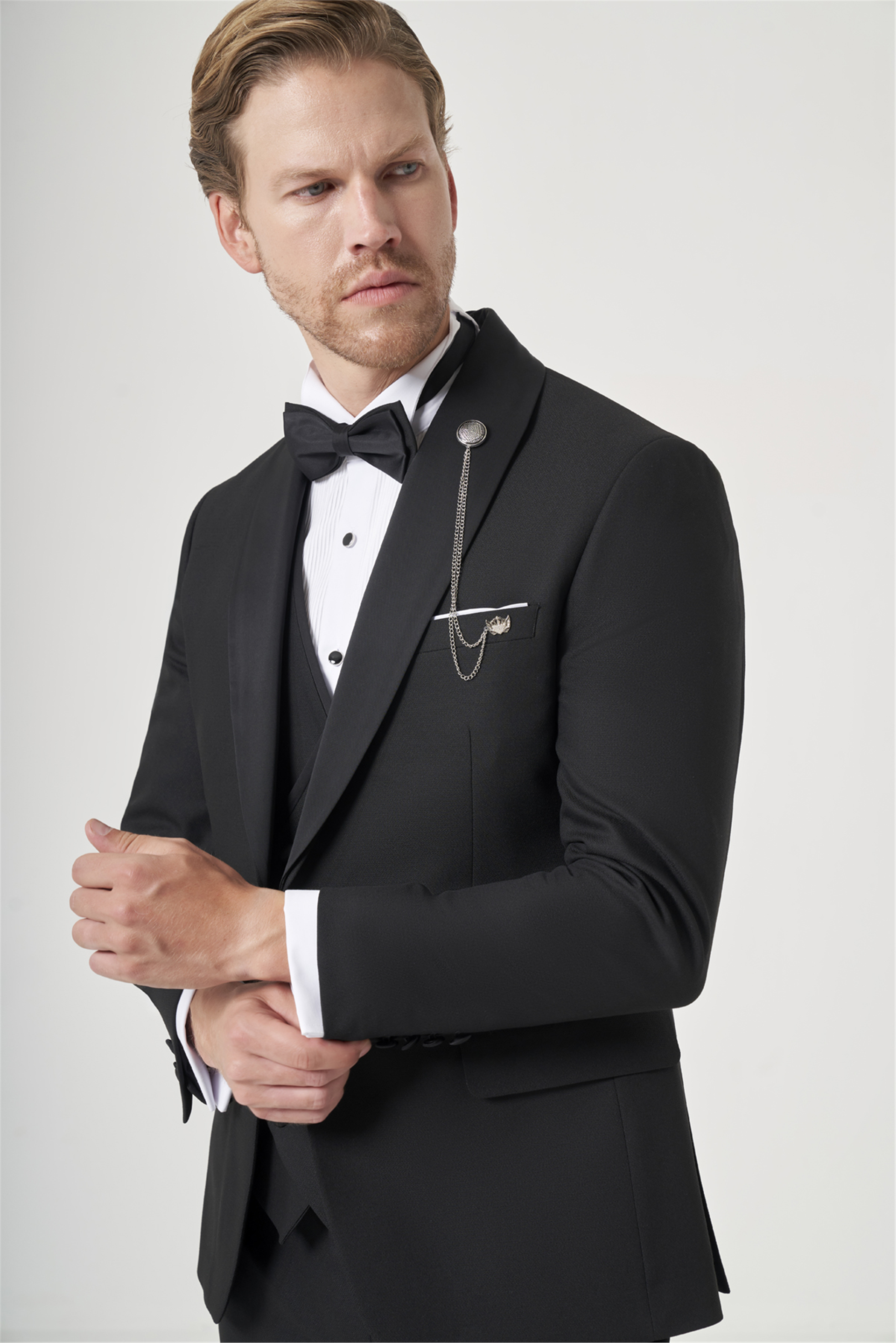 İMZA Siyah Kırlangıç Yaka Düz Desen 6 Drop Slim Fit Yelekli Damatlık Takım Elbise 1001260206 görsel 4