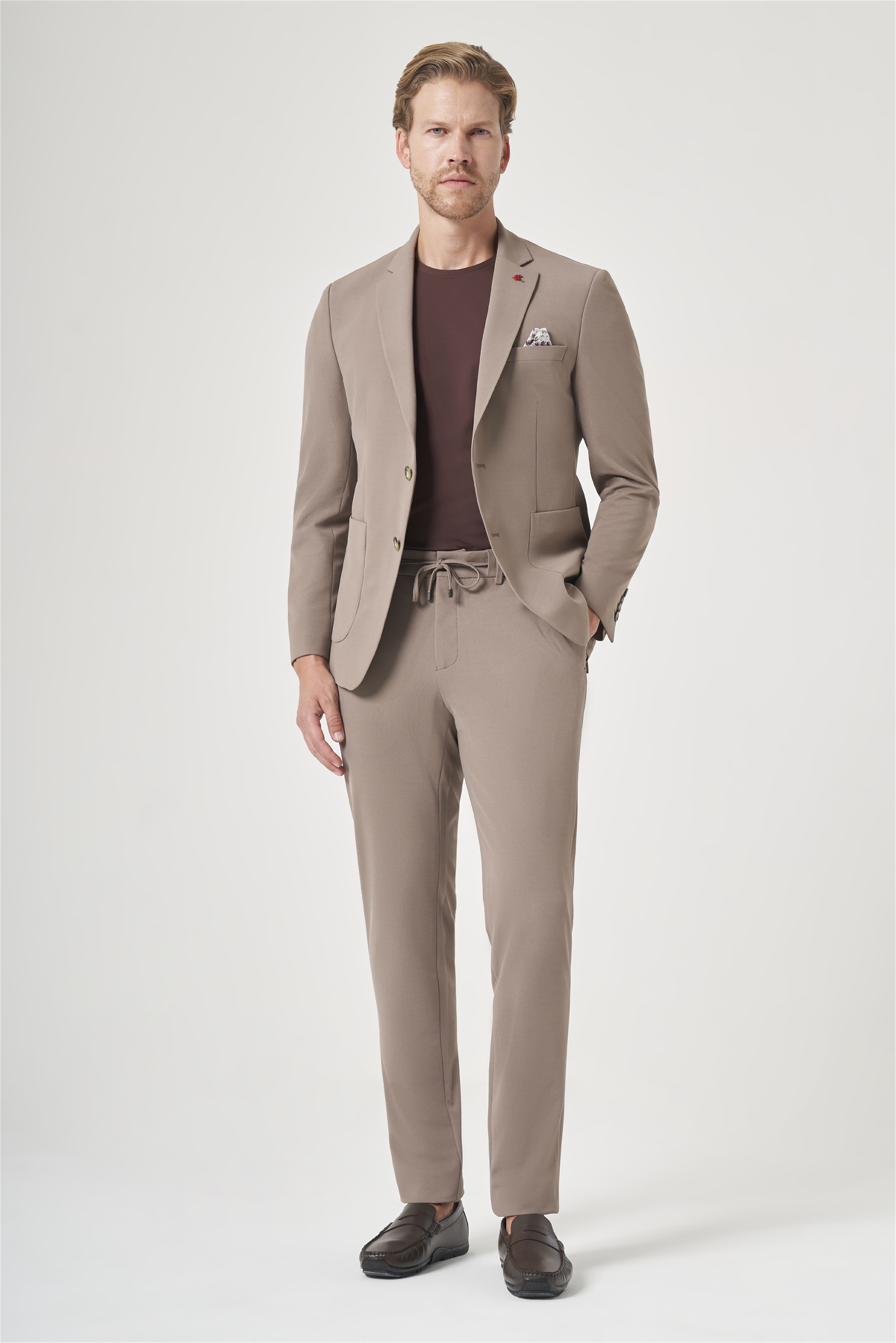 İMZA Kahverengi Mono Yaka 6 Drop Slim Fit Beli Lastikli Takım Elbise 1001260194