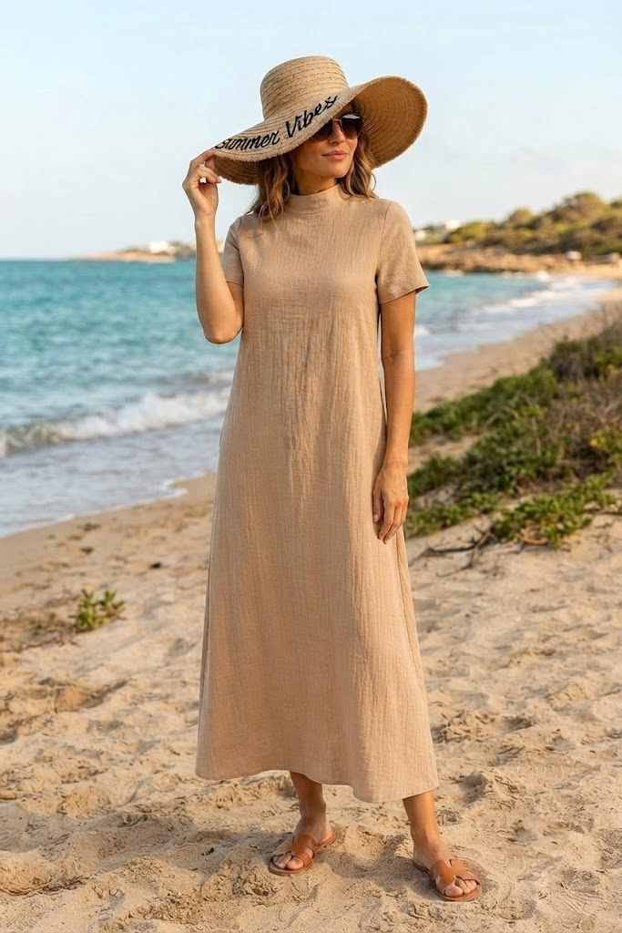 Marina Nakışlı Camel Hasır Şapka HSR2607-1