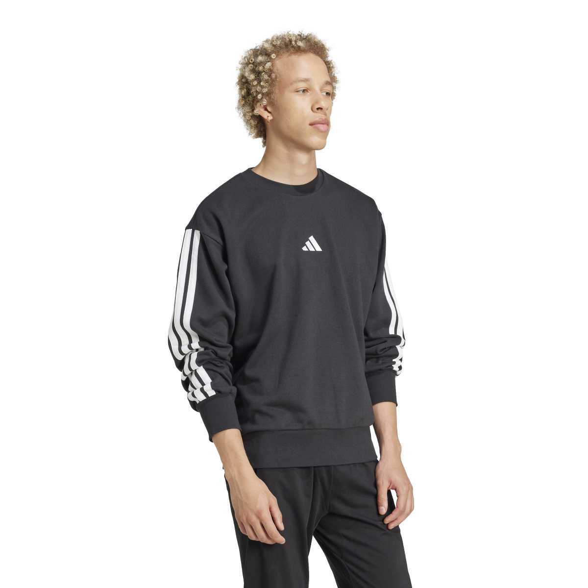 Adidas 3 Stripes French Terry Erkek Siyah Bisiklet Yaka Sweatshirt görsel 3